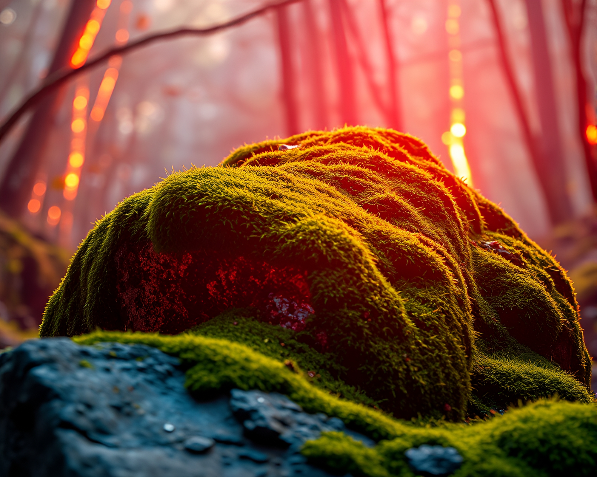 Neon Moss-Covered Rock with Bio-Organic Light Leaks – free AI stock image
