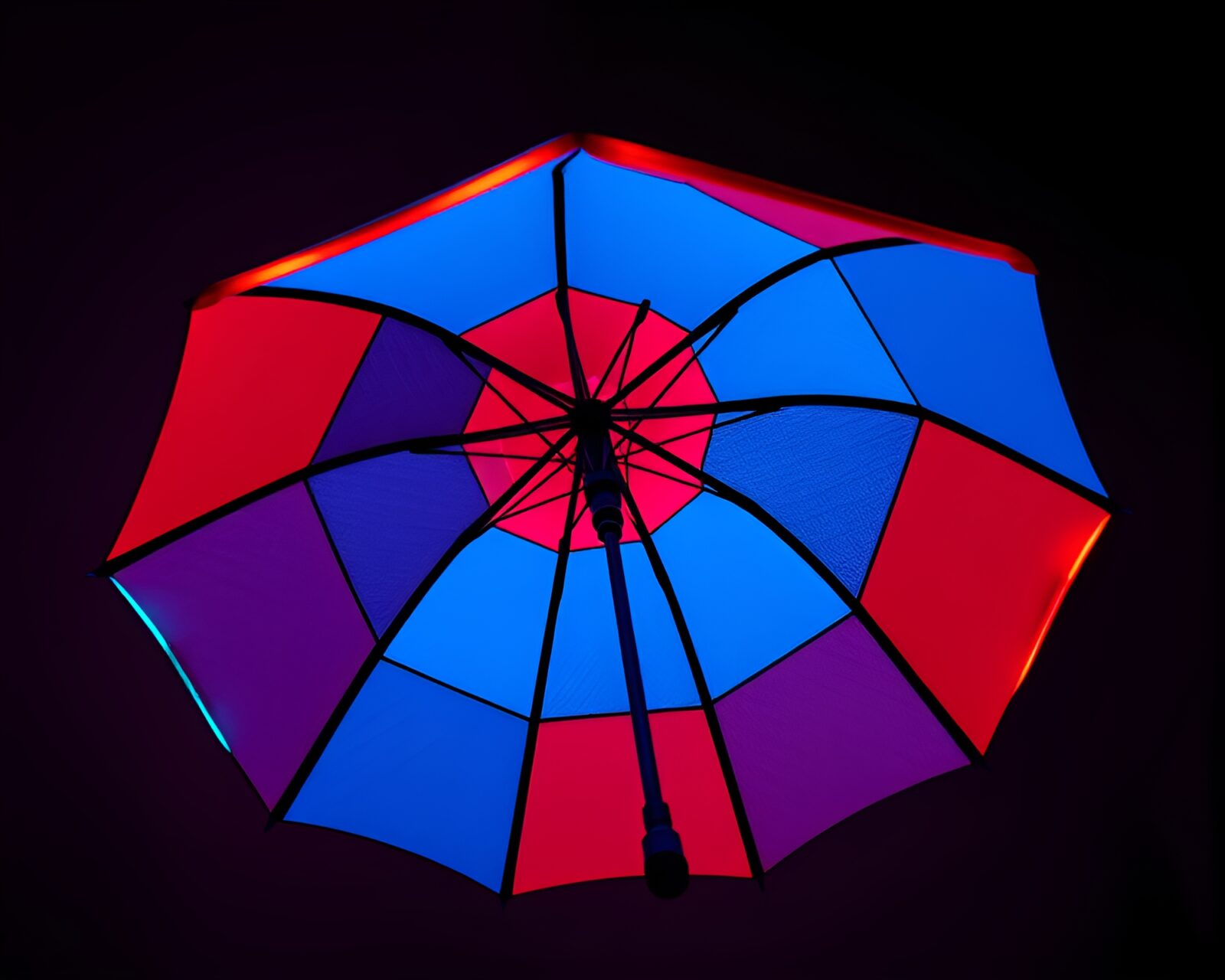 Neon-lit umbrella against intricate checkered background glowing brightly