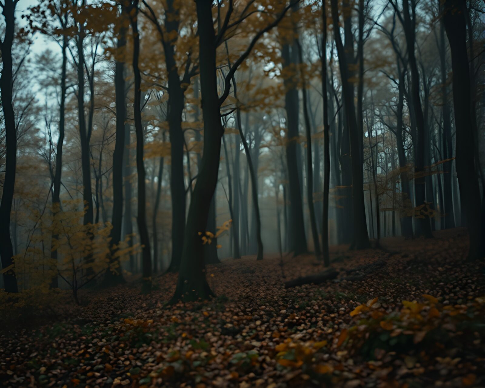 Underexposed pointillism artwork of autumn forest with mildew accents