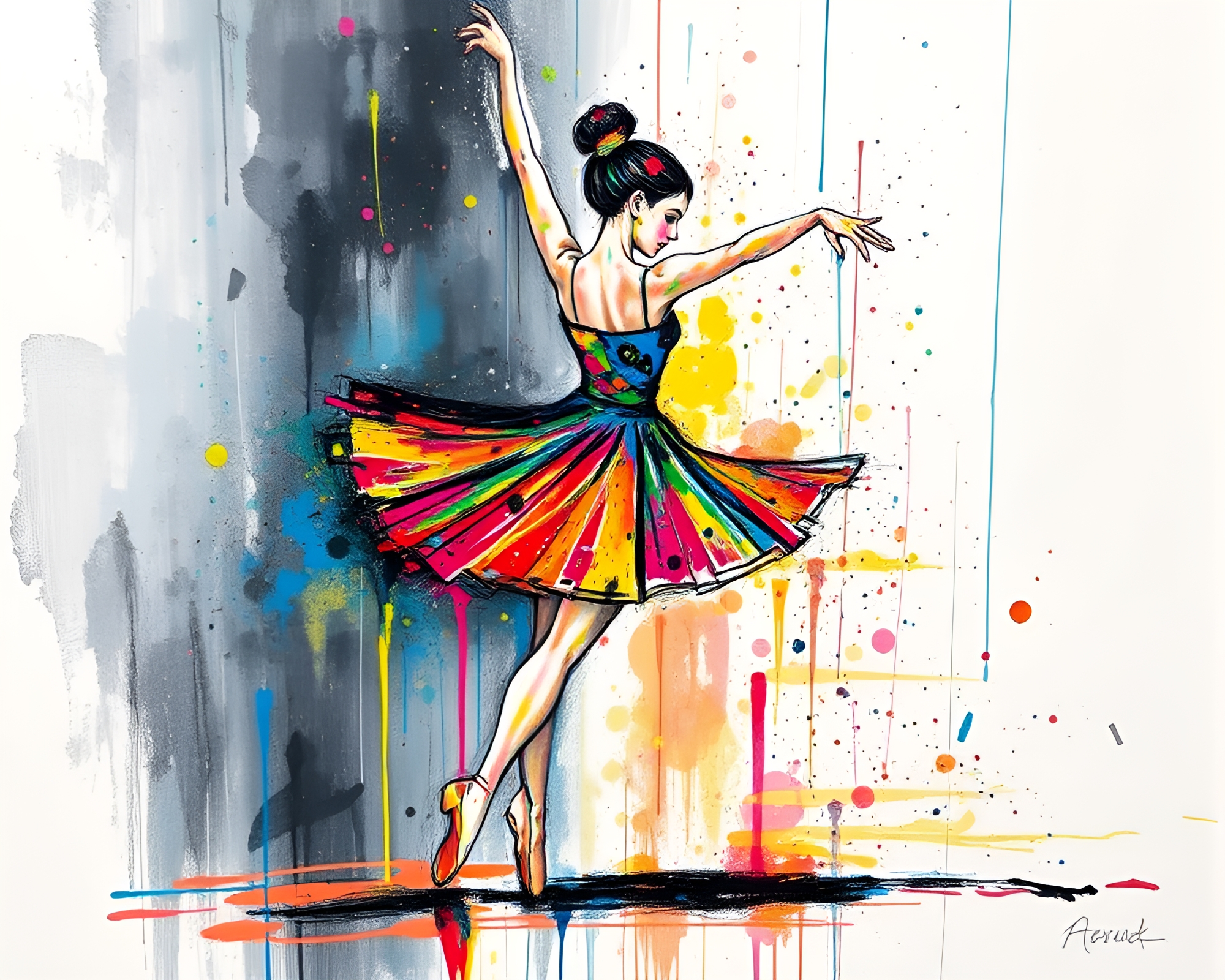 Glitch Ballet: Acrylic Spatters in Conté Crayon Drawing – free AI stock image