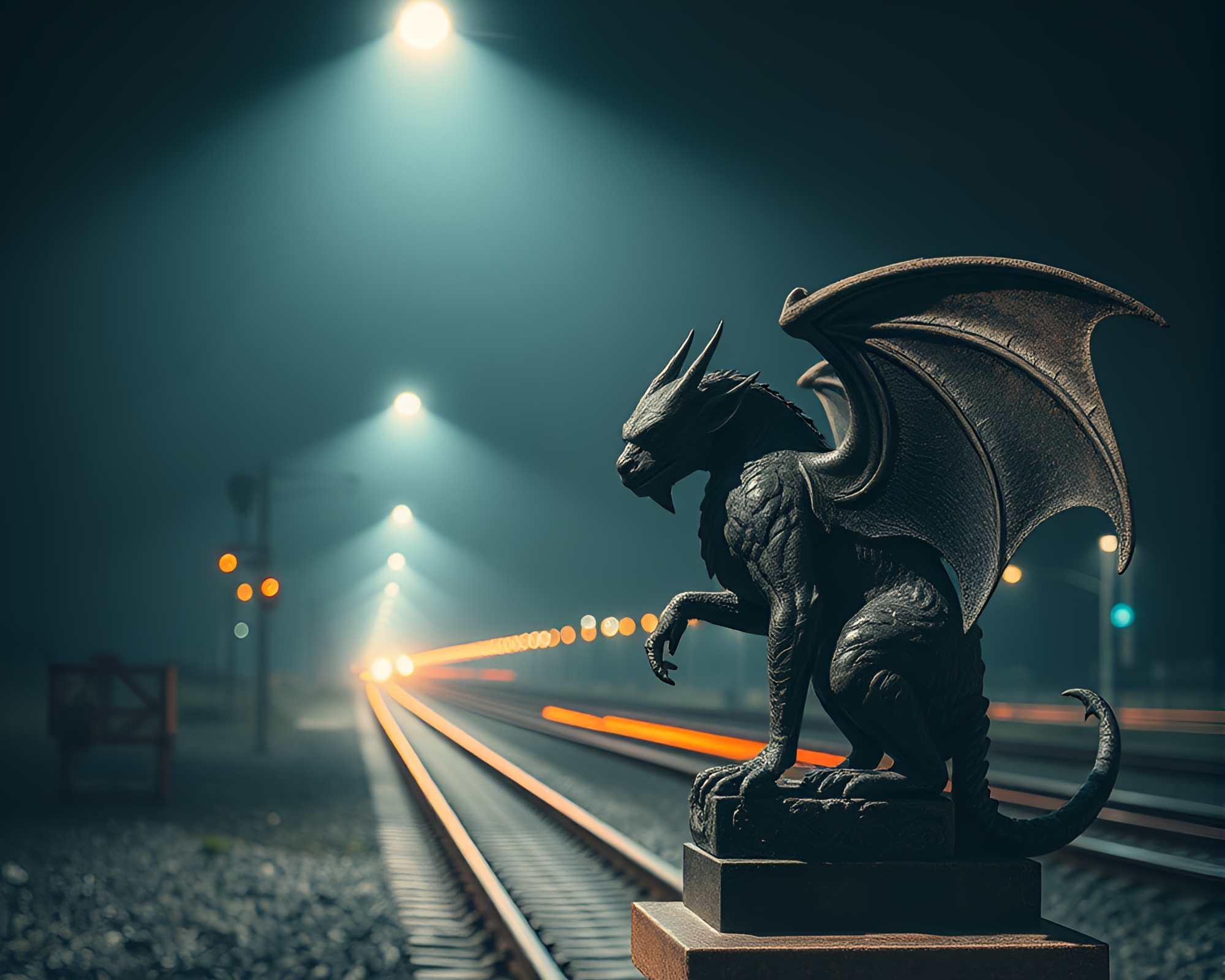 Gargoyle Statue in Train Light Trails Spotlight – free AI stock image