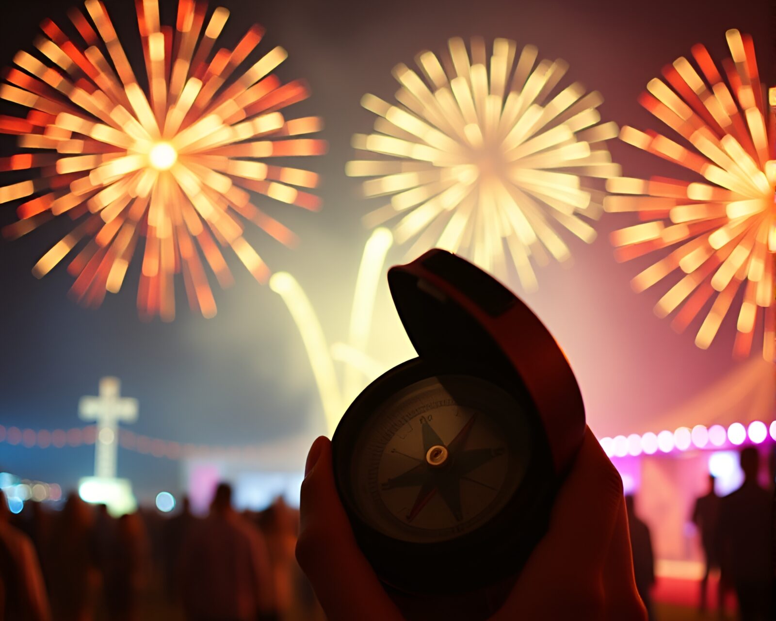 Antique compass in festival fireworks glow, retro 80s style.