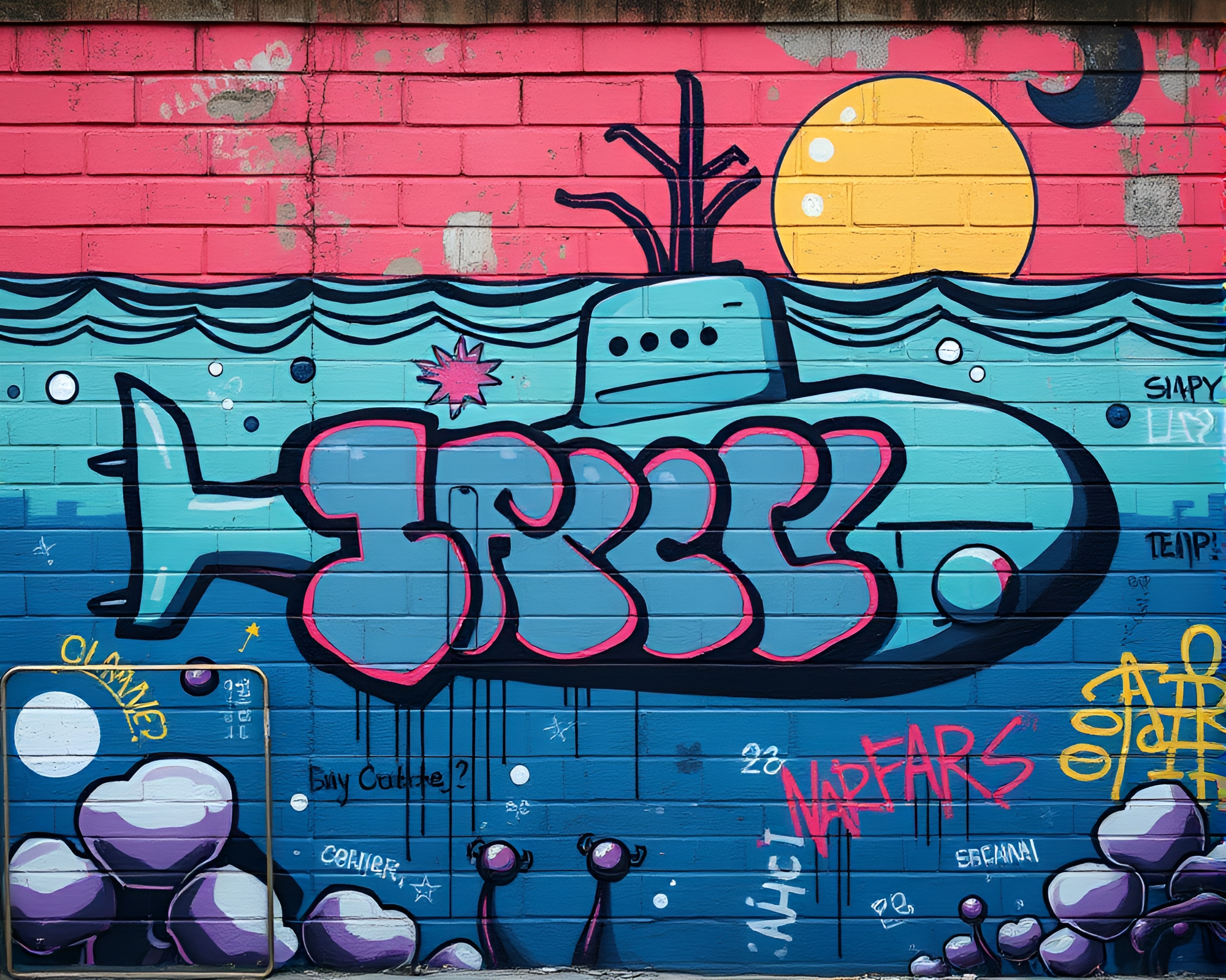 Submarine-themed Pixel Art Mural Graffiti – free AI stock image