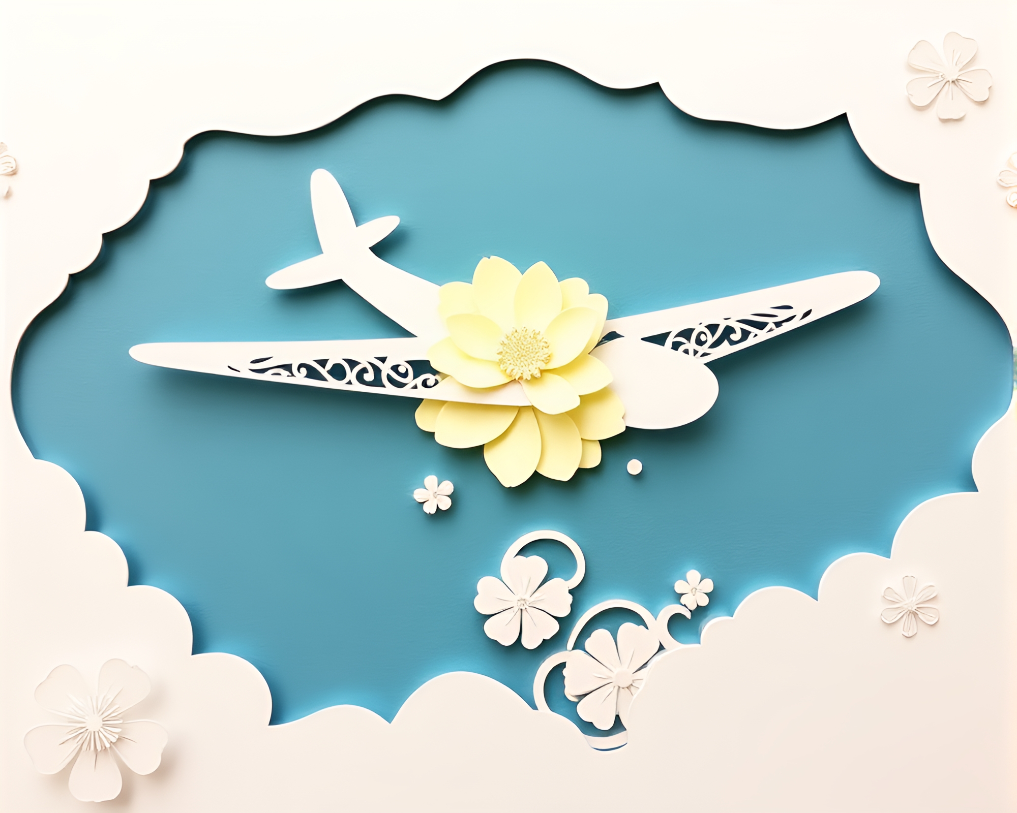 Sea Plane Engraved in Digital Bloom Paper Cutout – free AI stock image