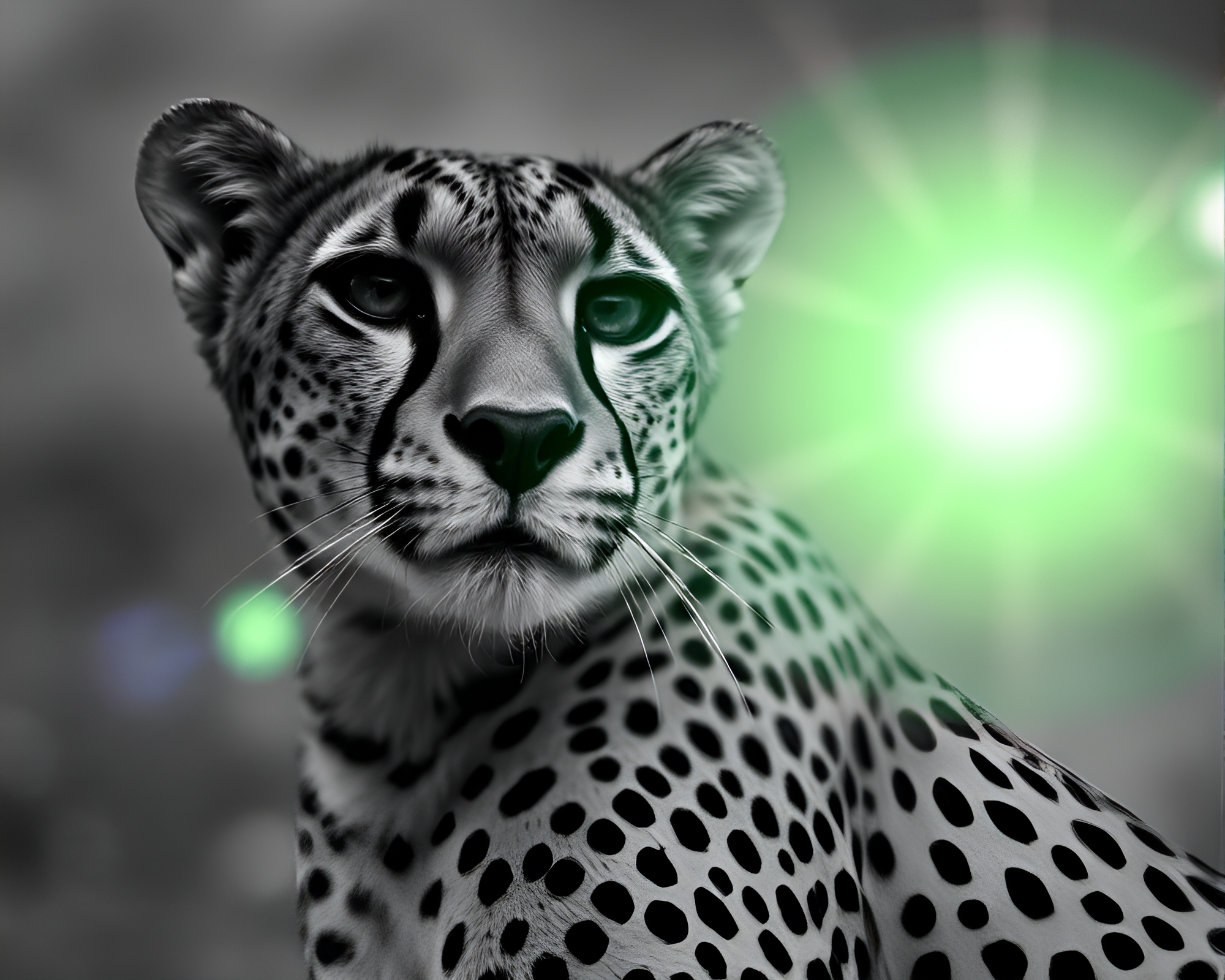 Majestic Cheetah in Green Monochrome Lens Flare – free AI stock image