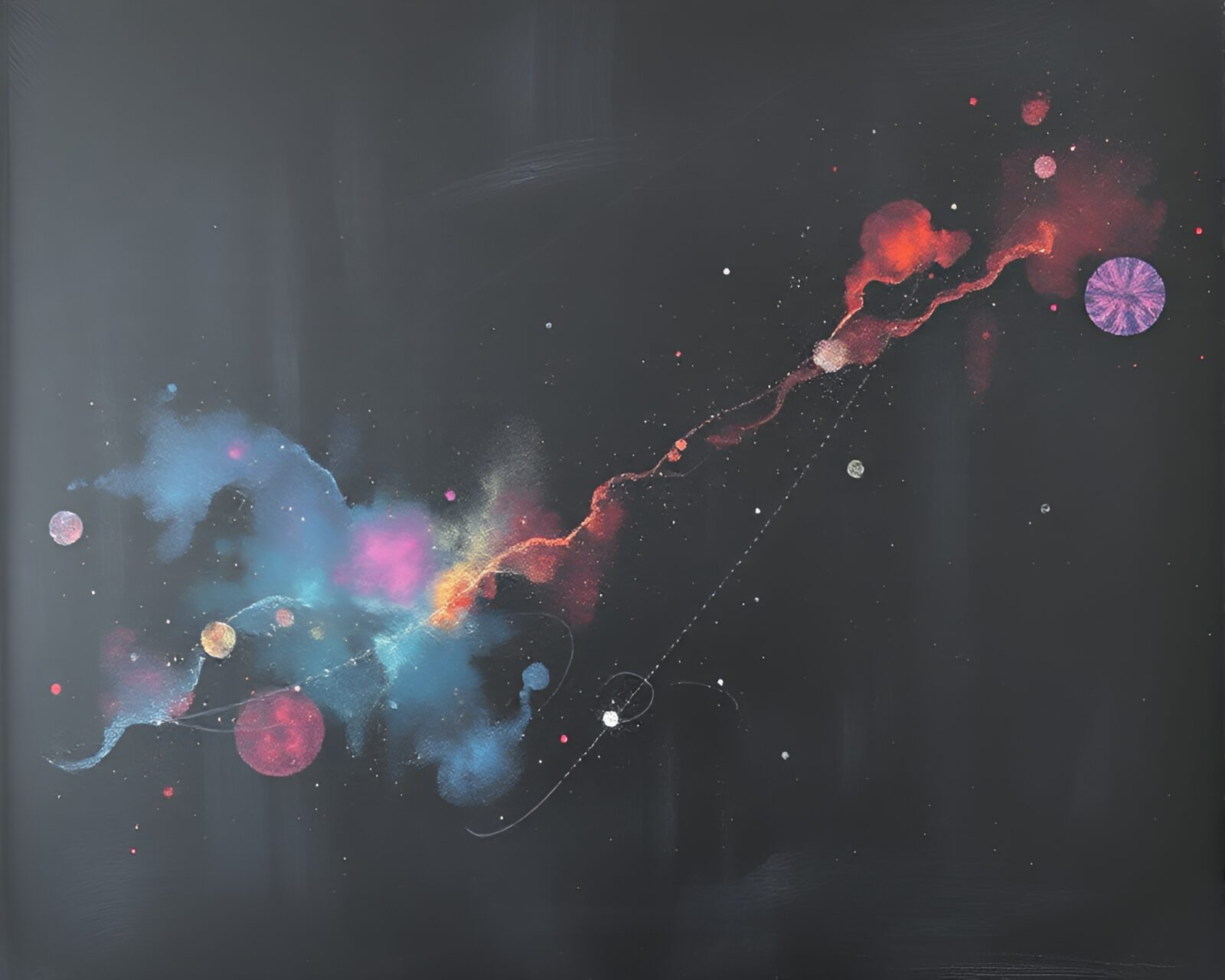 A celestial nebula depicted on a chalkboard in jewel tones