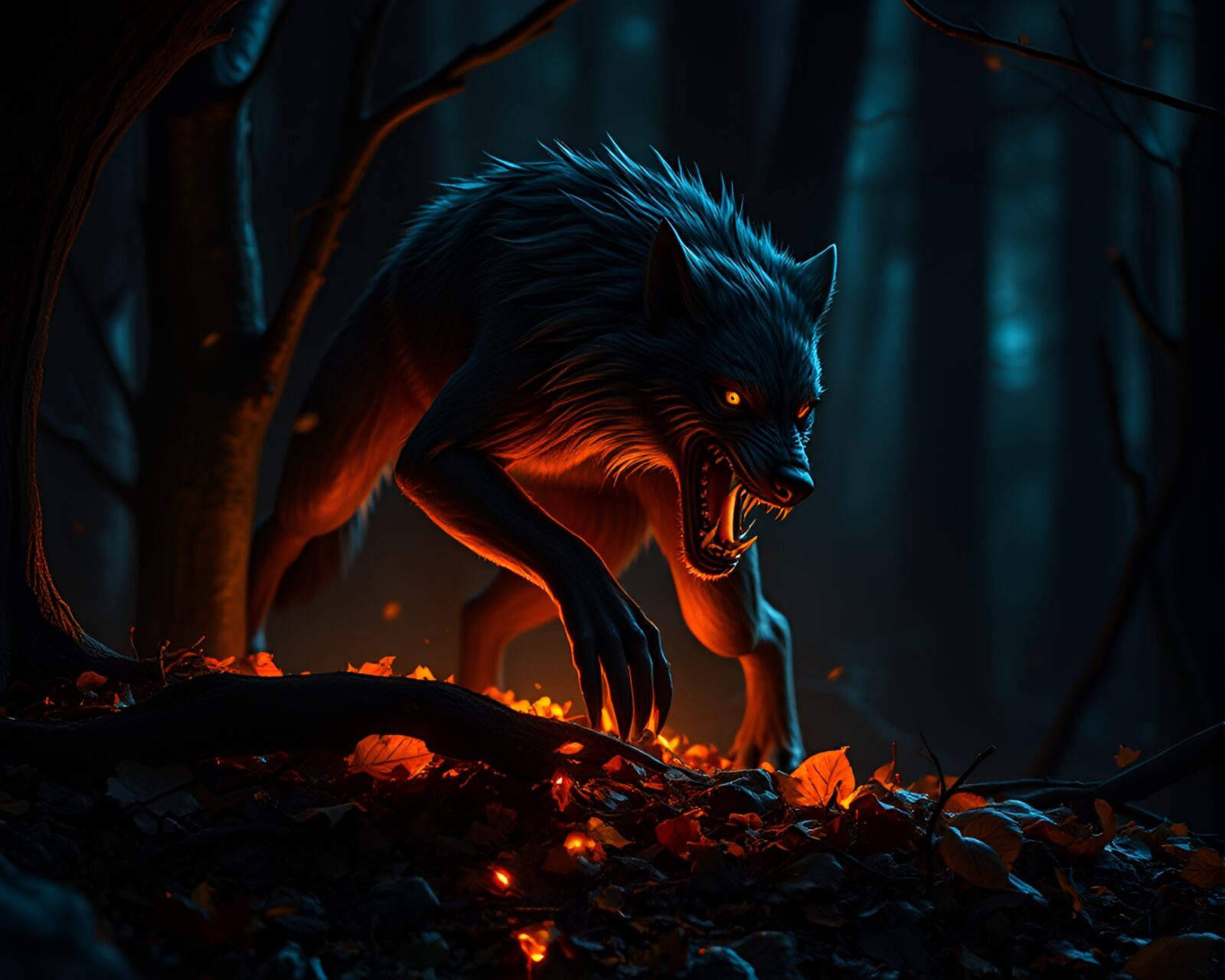 A werewolf crouching amidst glowing leaves in dynamic motion.