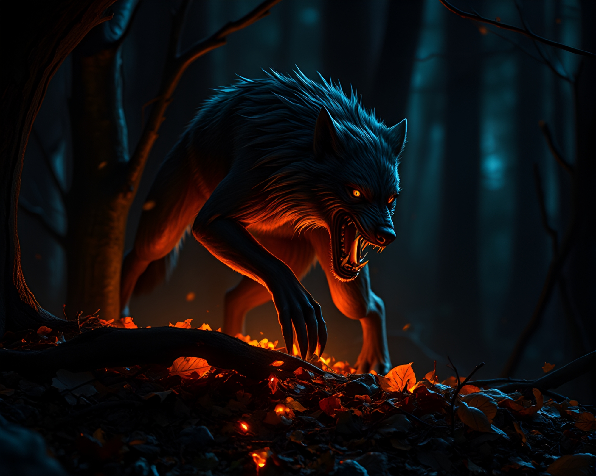 Werewolf in Forest’s Rim-Lit Leaf Litter Kinetic Art – free AI stock image