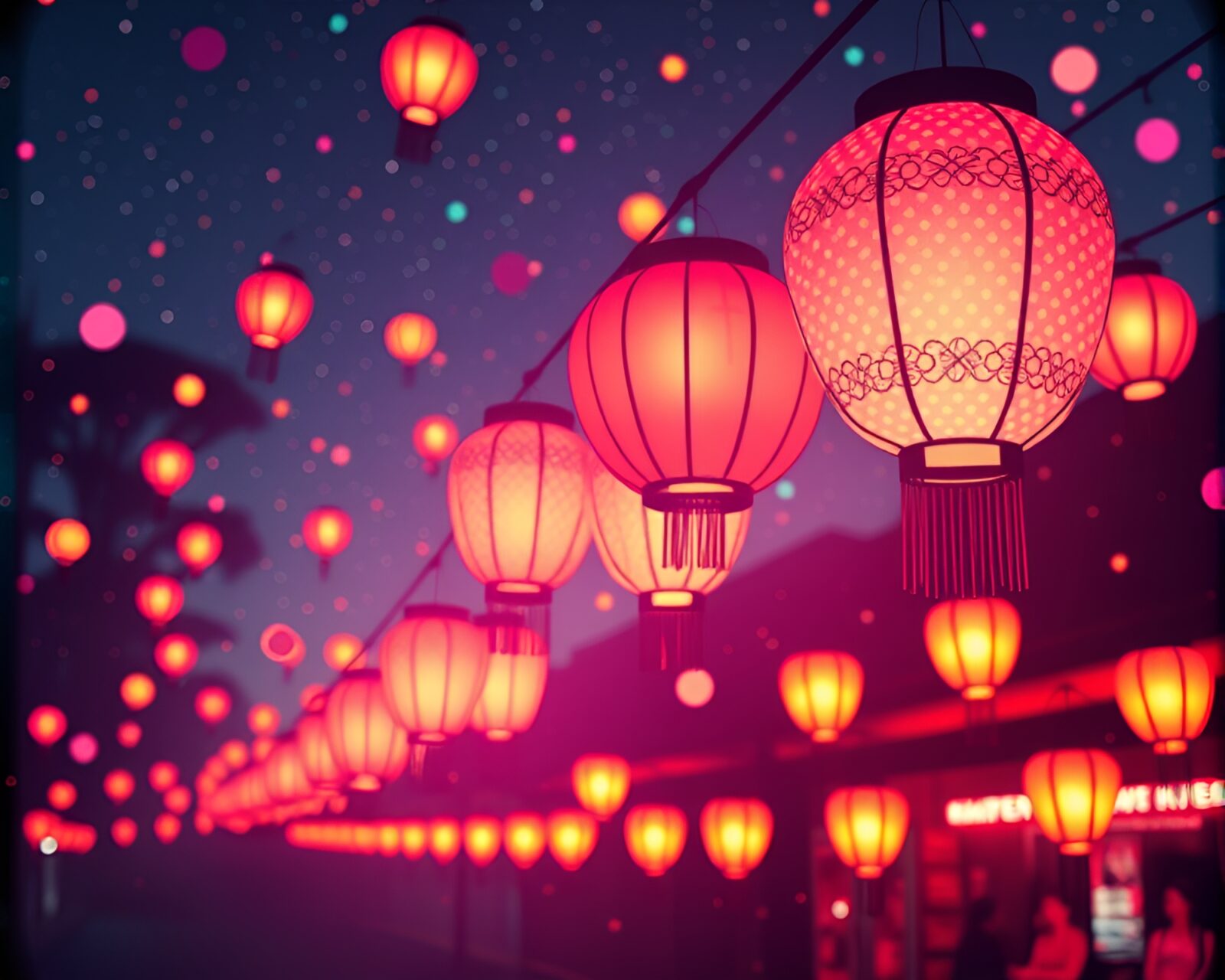 Floating lanterns in a pointillist neon dreamland at night
