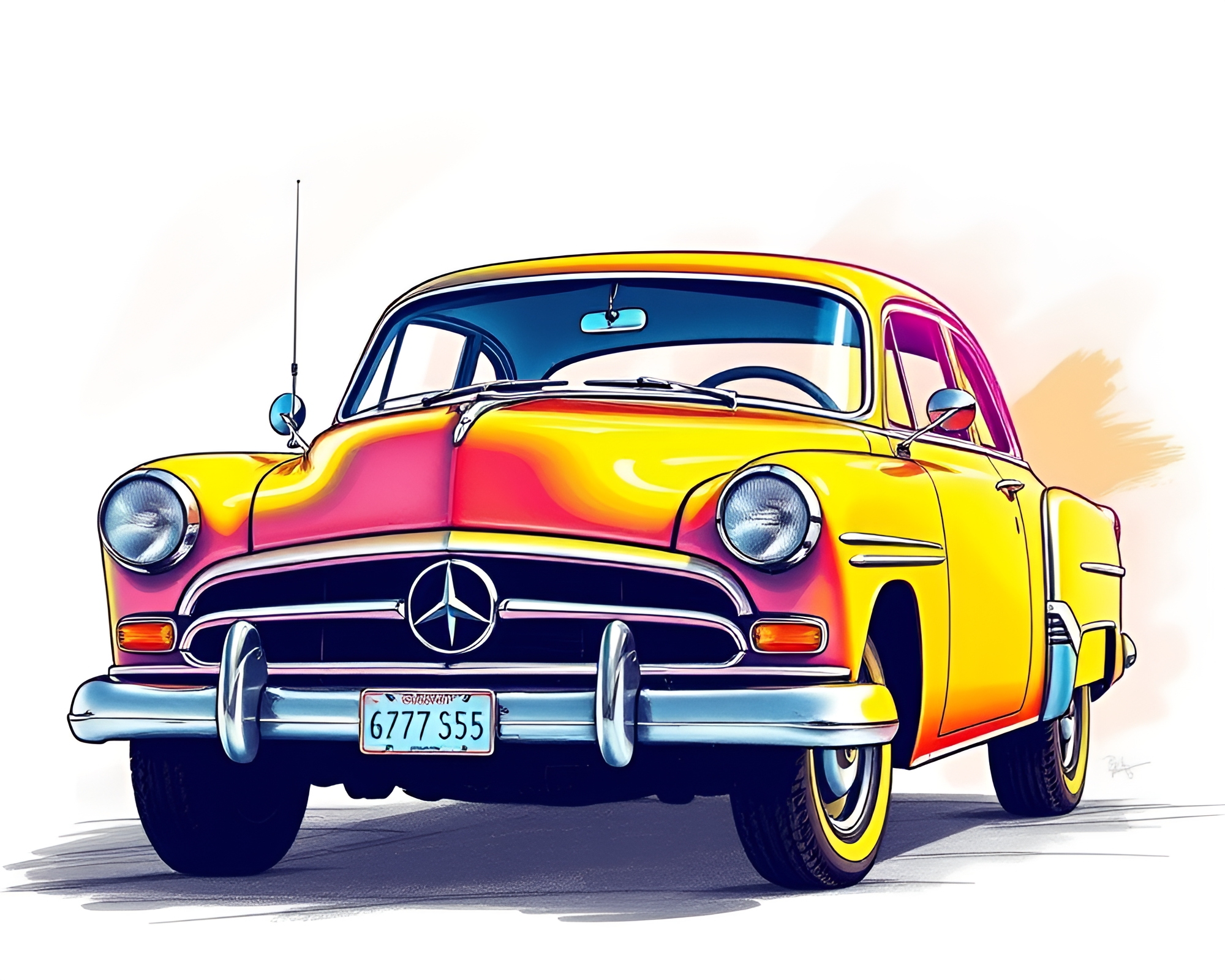 Retro Neon Vintage Car Pencil Sketch Illustration – free AI stock image