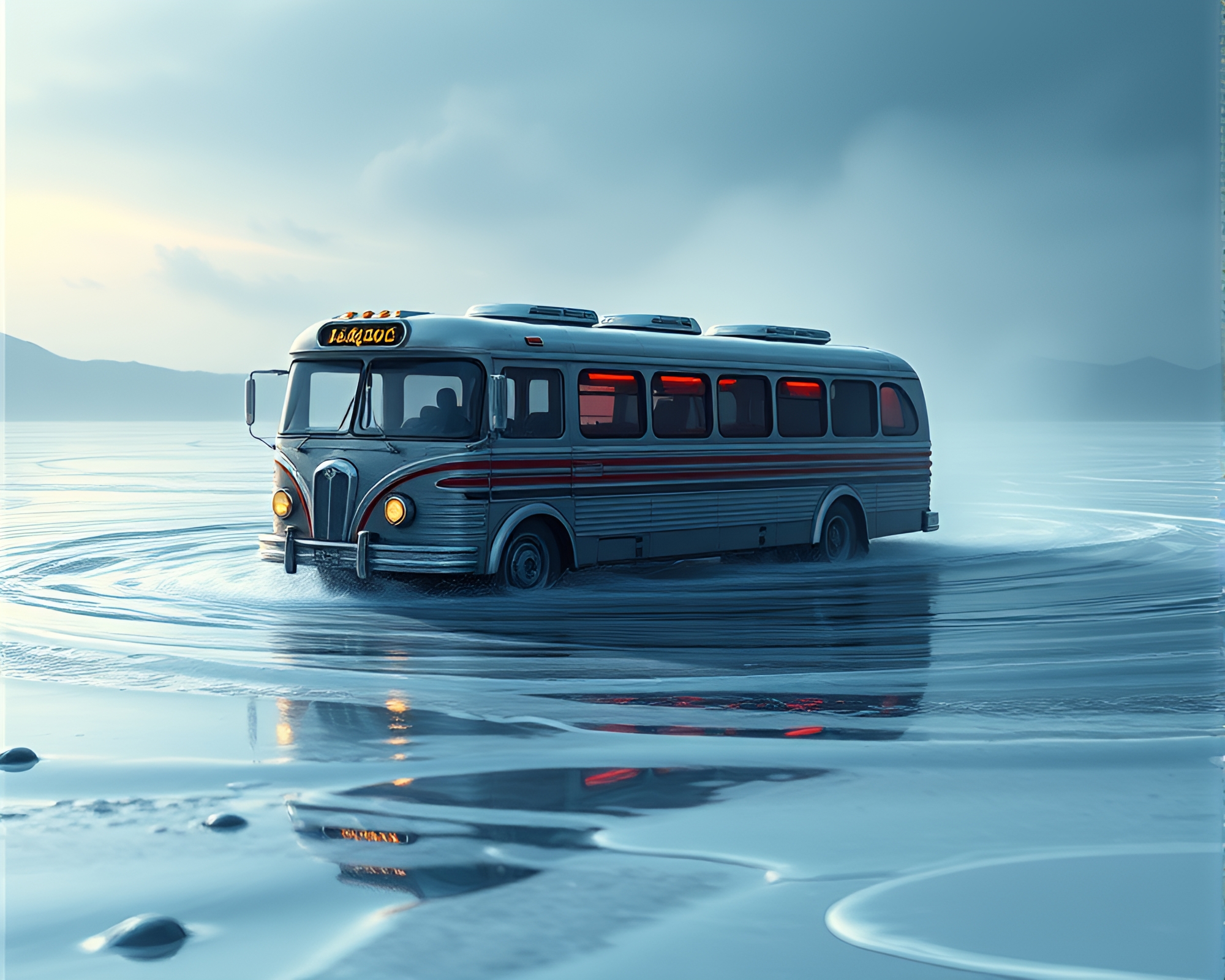 Futuristic Stagecoach Swirling in Volcanic Ash Water Whirlpool – free AI stock image