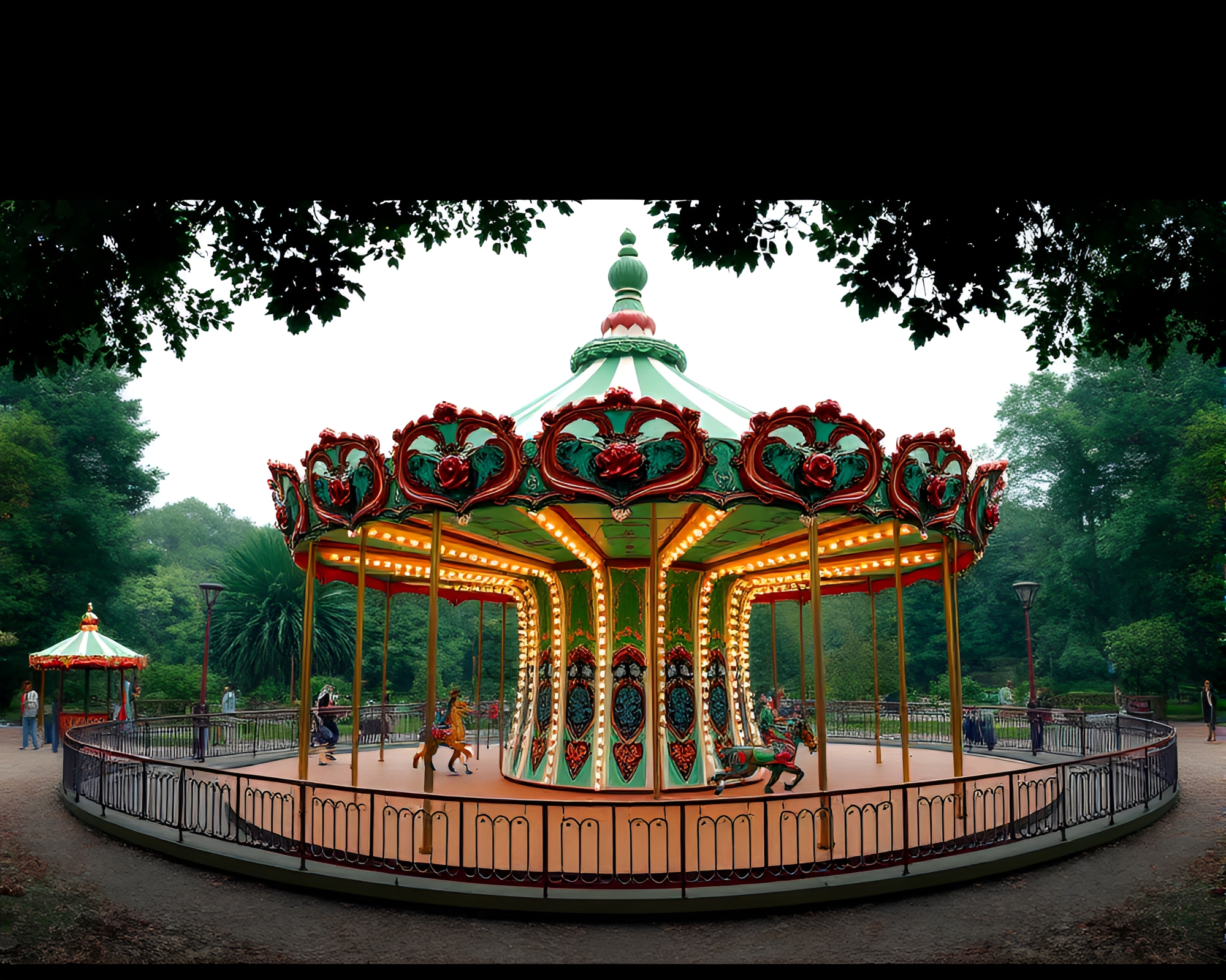 Enchanting Forest Carousel: A Panoramic Mixed Media Masterpiece – free AI stock image