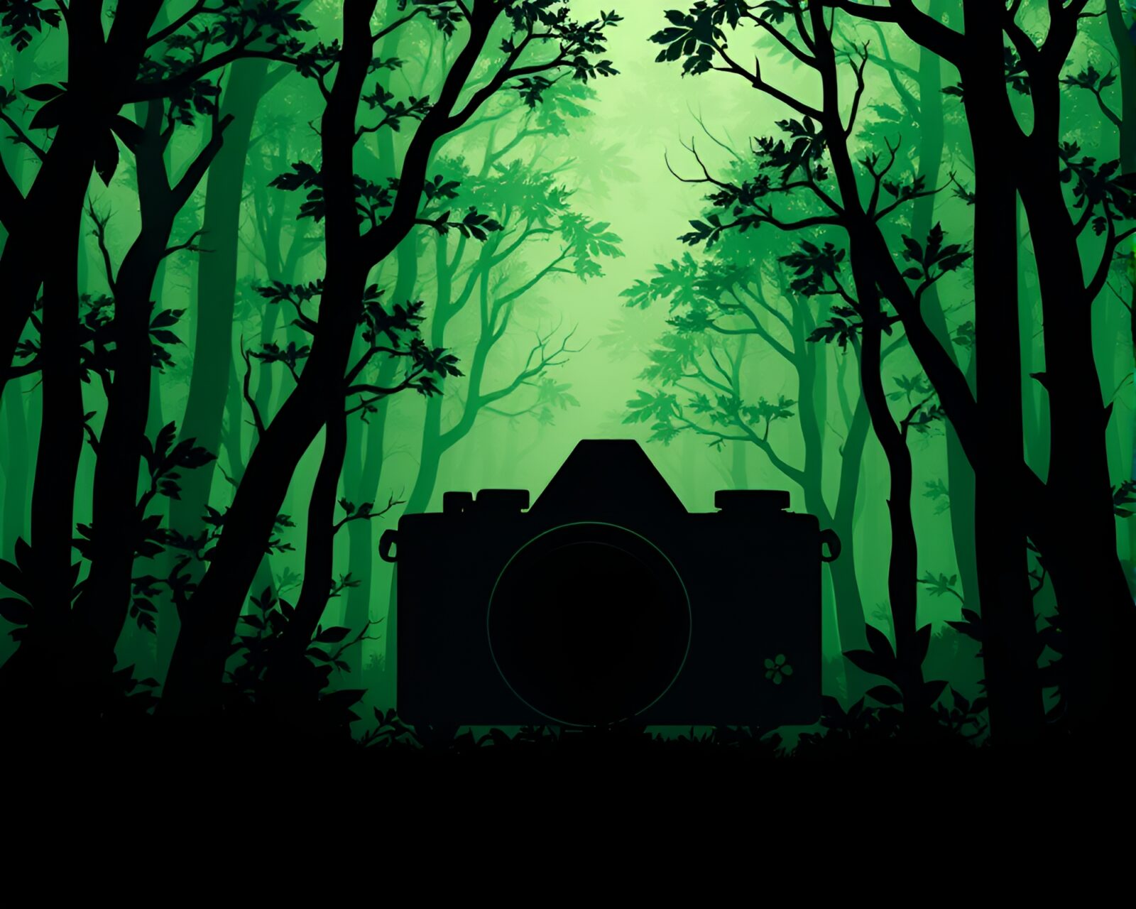 Silhouette of camera surrounded by origami trees in green light