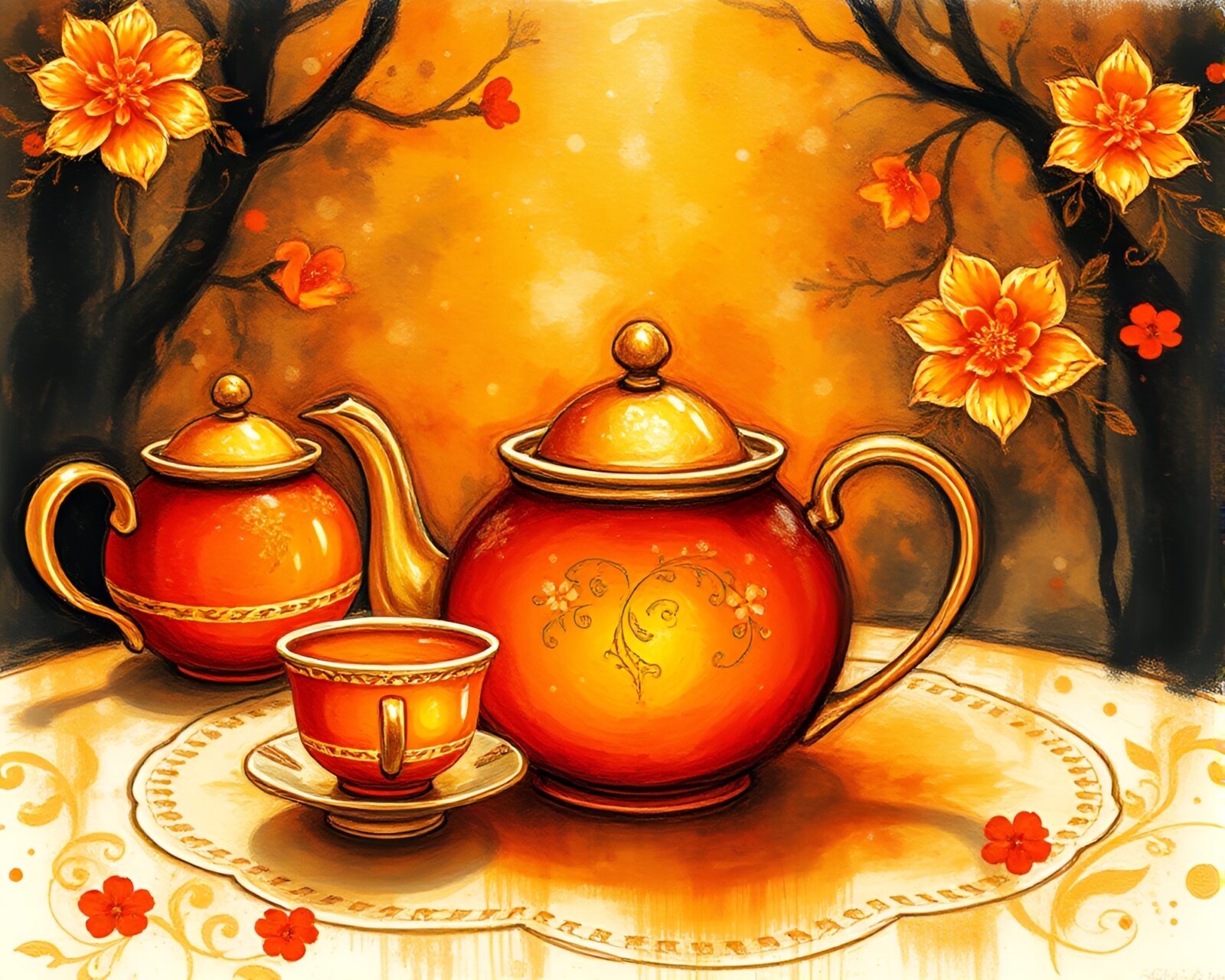Burnt orange themed Alice in Wonderland tea party illustration