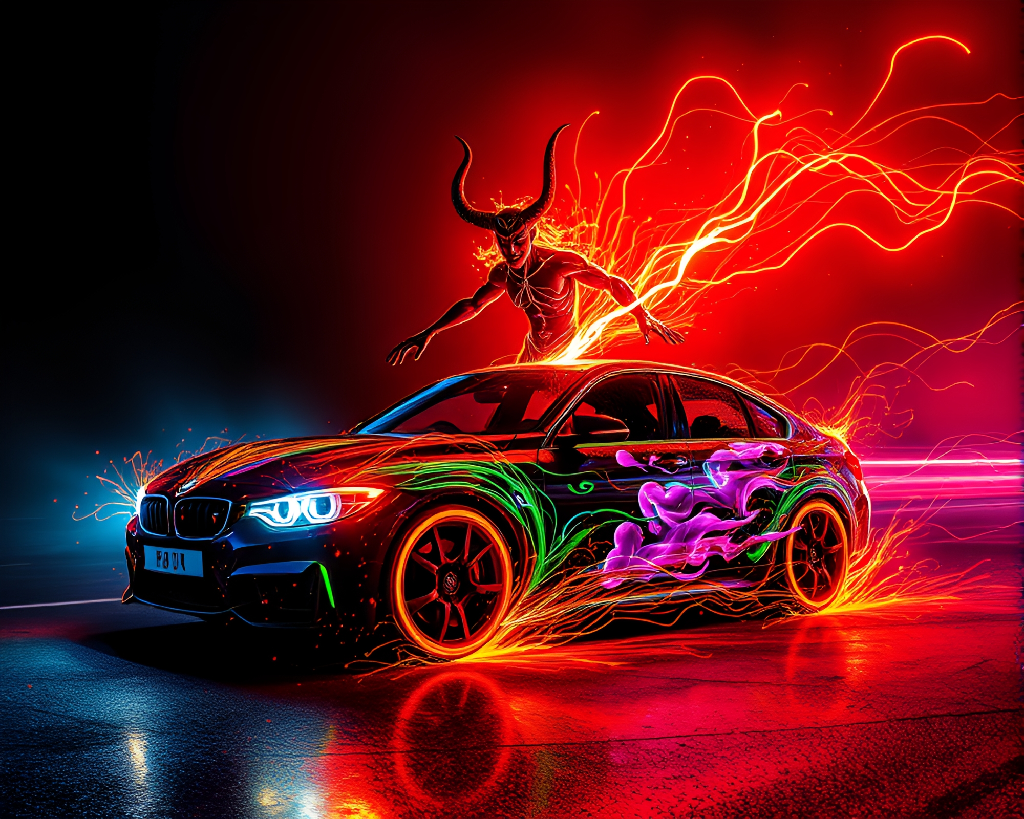 Neon Djinn Car Light Trails Splatter Art – free AI stock image