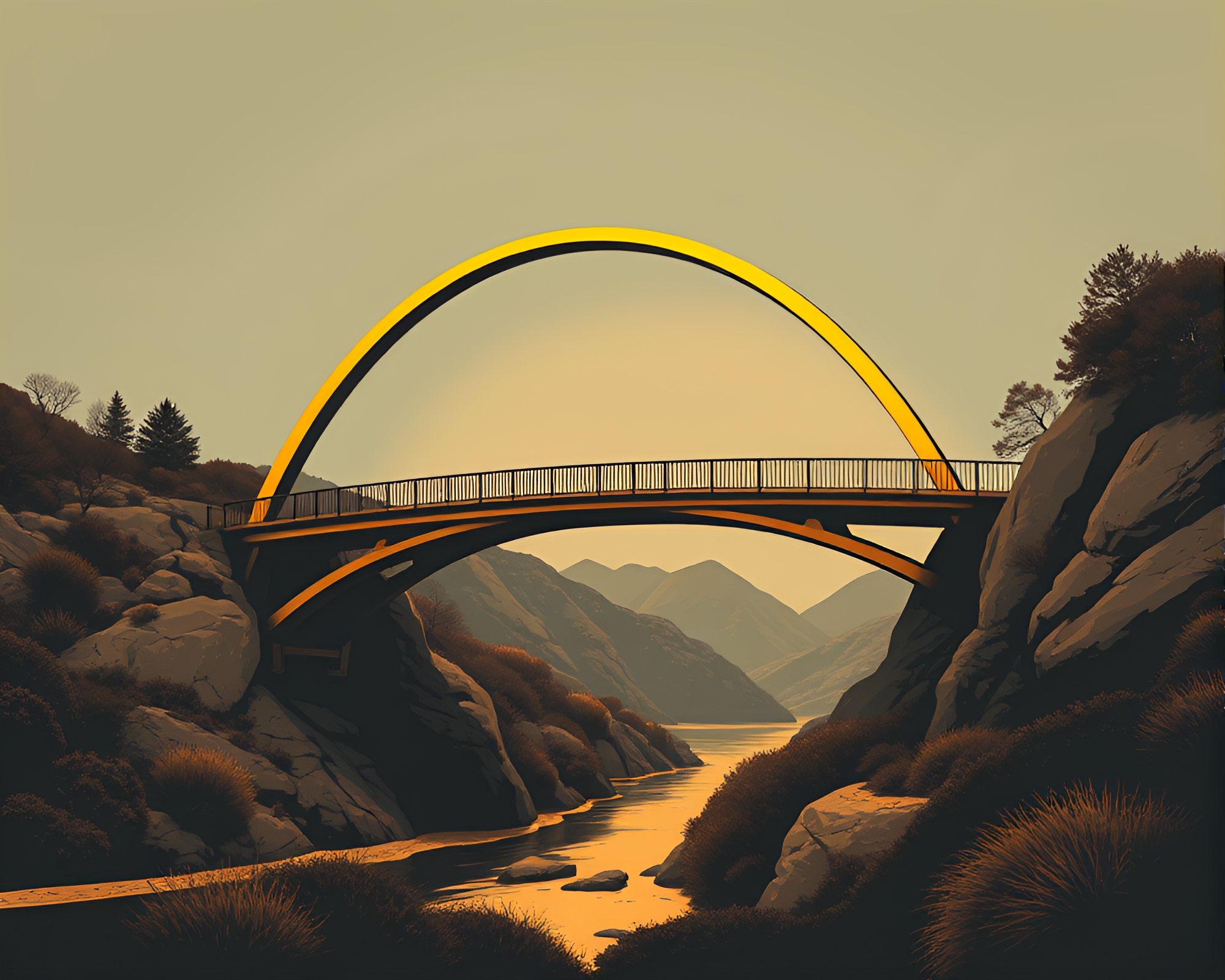 Golden Spiral Arch Bridge in Muted Pop Art Tones – free AI stock image