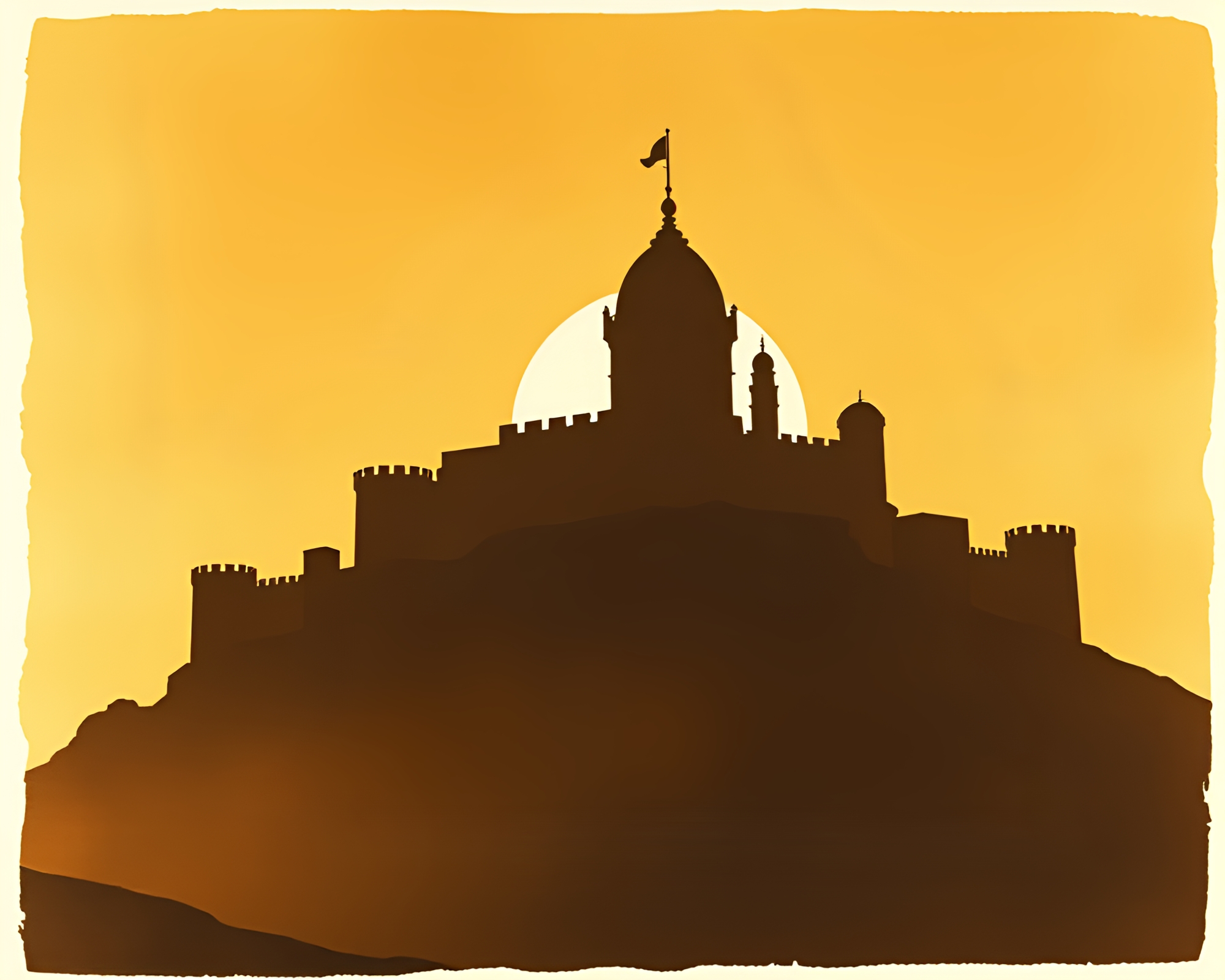 Lithographic Silhouette of Deserted Castle at Sunset – free AI stock image