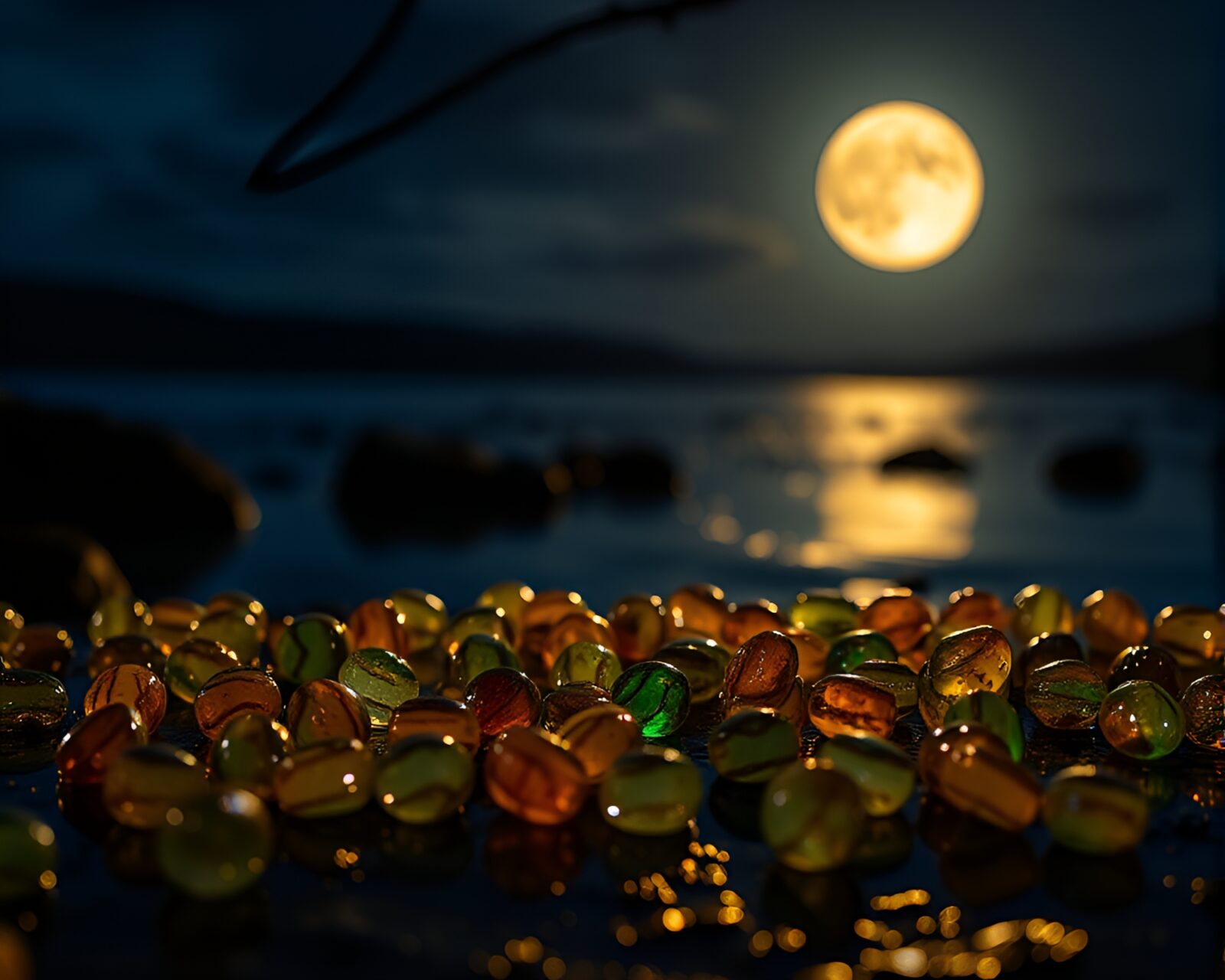 Flickering LED lights on wet rustic pottery under moonlight