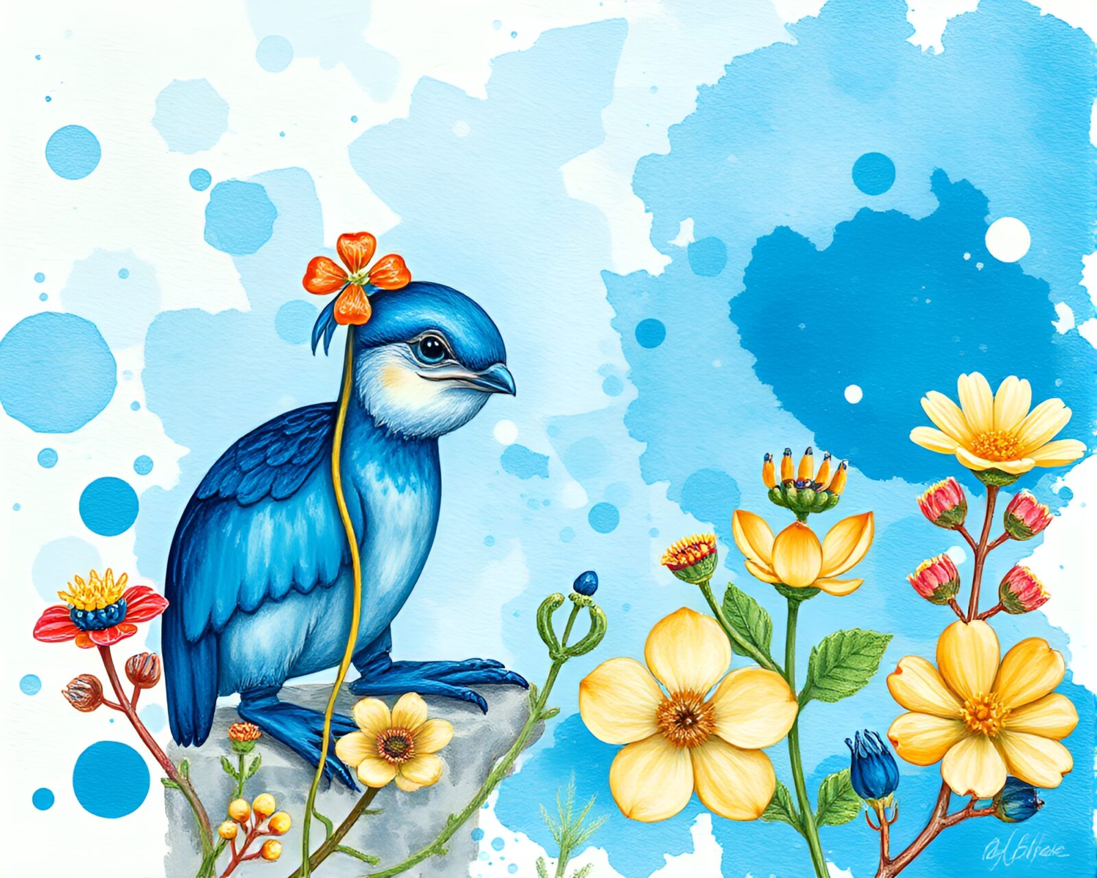 Lush botanical scene with dwarves in acrylic ocean-blue hues