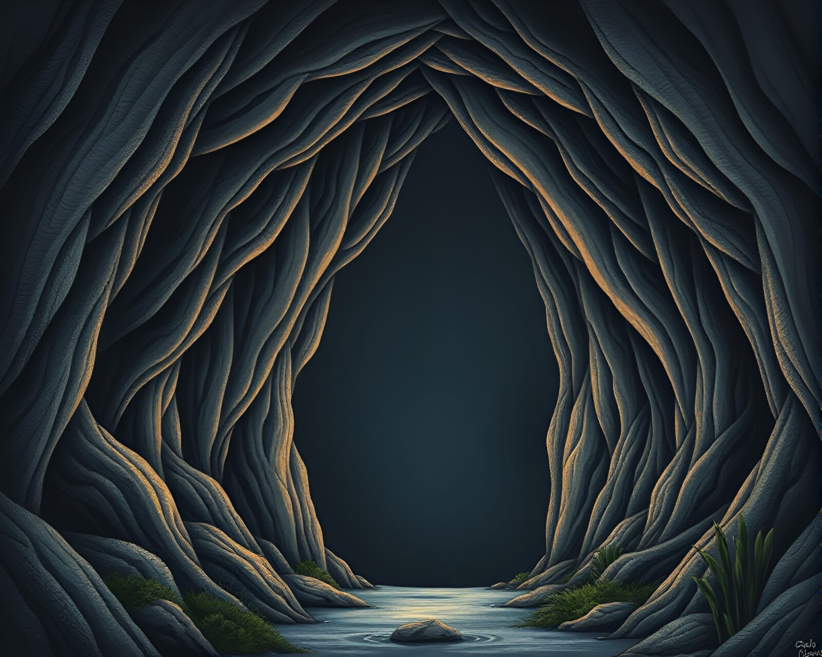 Illustration of arch bridge over dark cave entrance