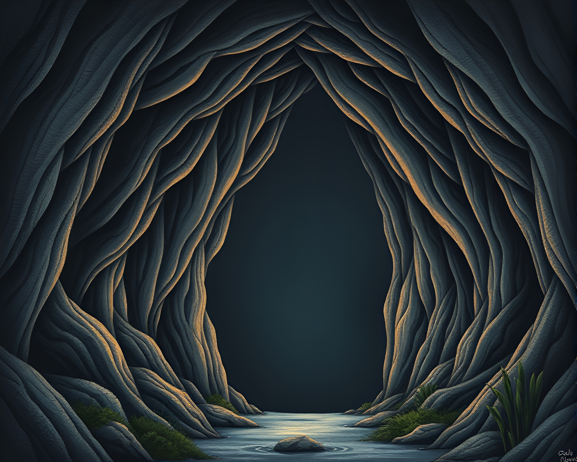 Botanical Arch Bridge Amid Dark Fabric Folds – free AI stock image