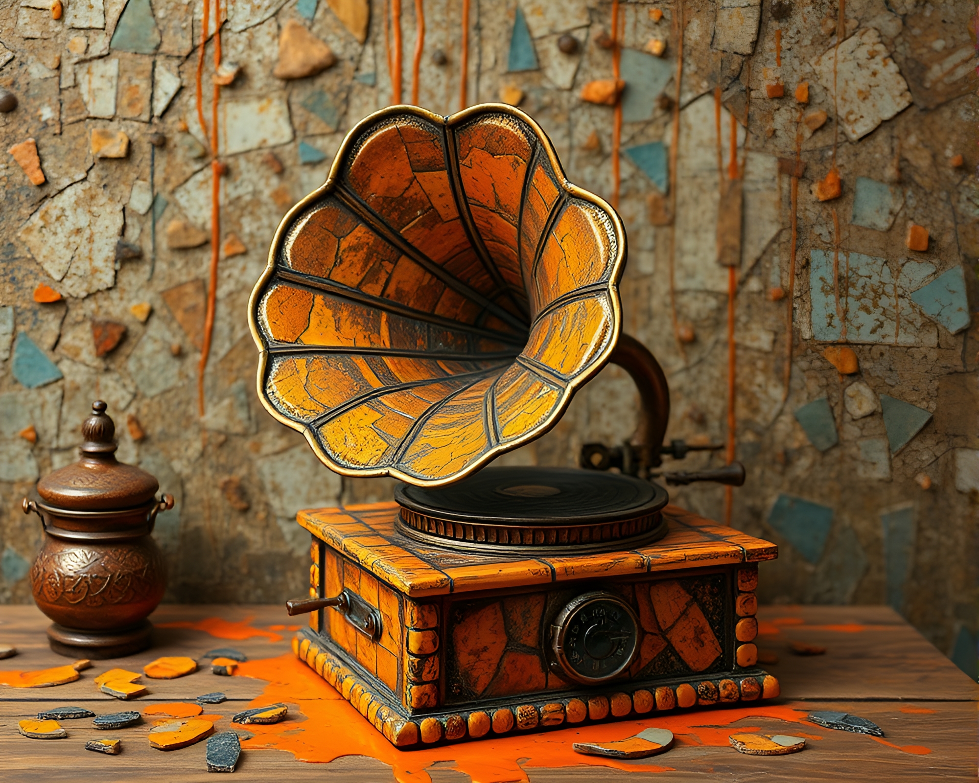 Steampunk Gramophone Among Broken Mosaic Fragments – free AI stock image