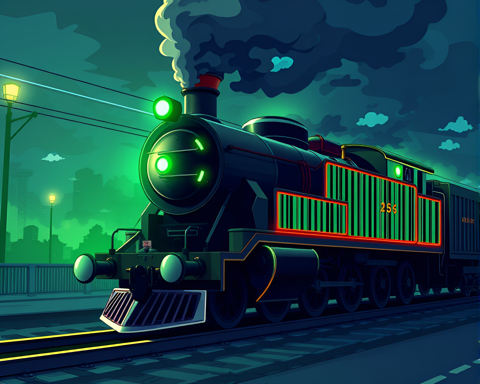 Anime-style Steam Locomotive with Emerald Green Highlights – free AI stock image