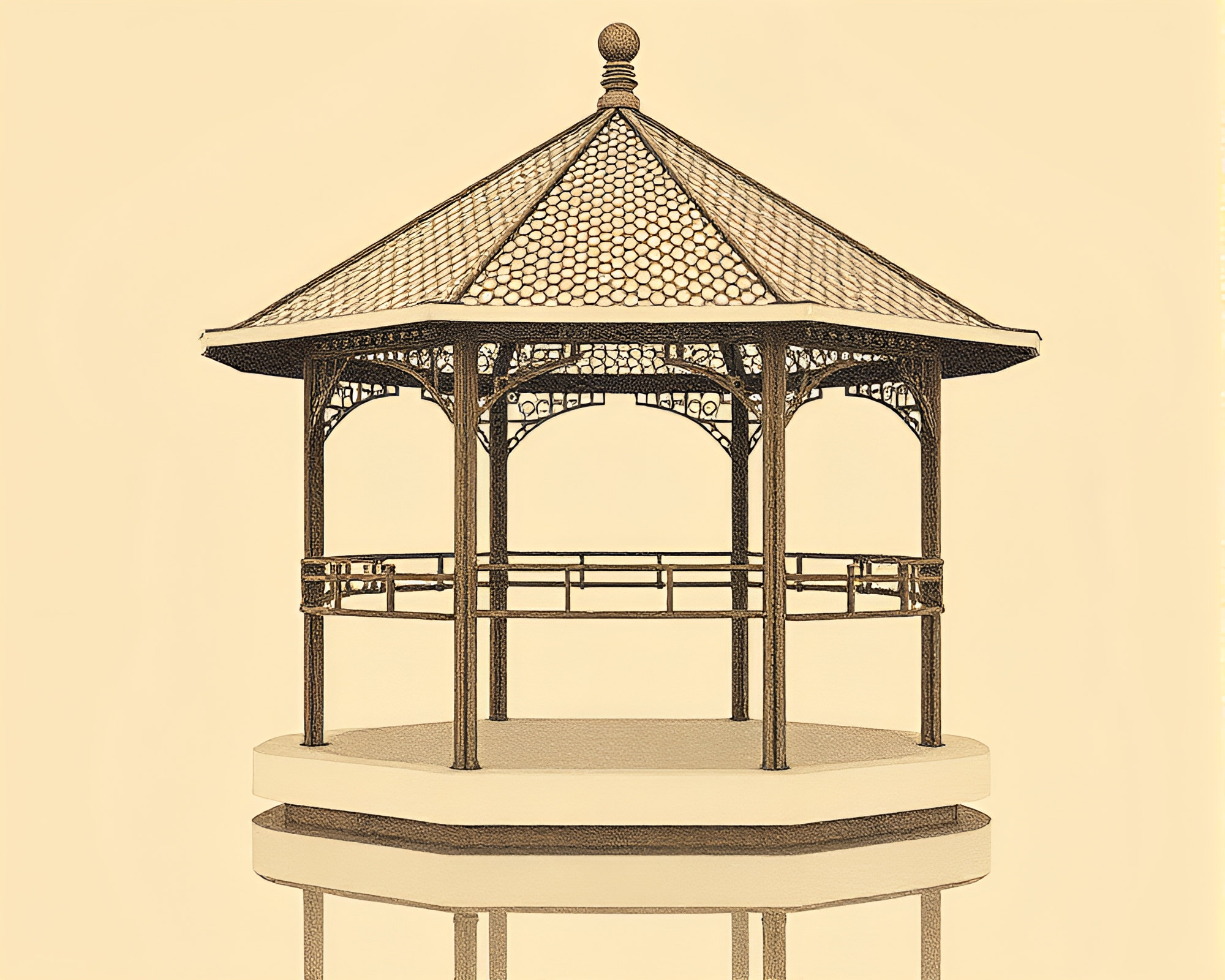 Sepia Tone Floating Pavilion Screenprint – free AI stock image