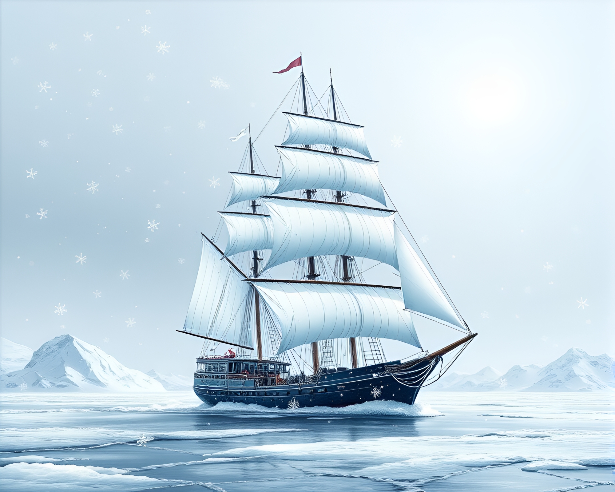 Snowflake-covered sail ship in Antarctic blizzard – free AI stock image