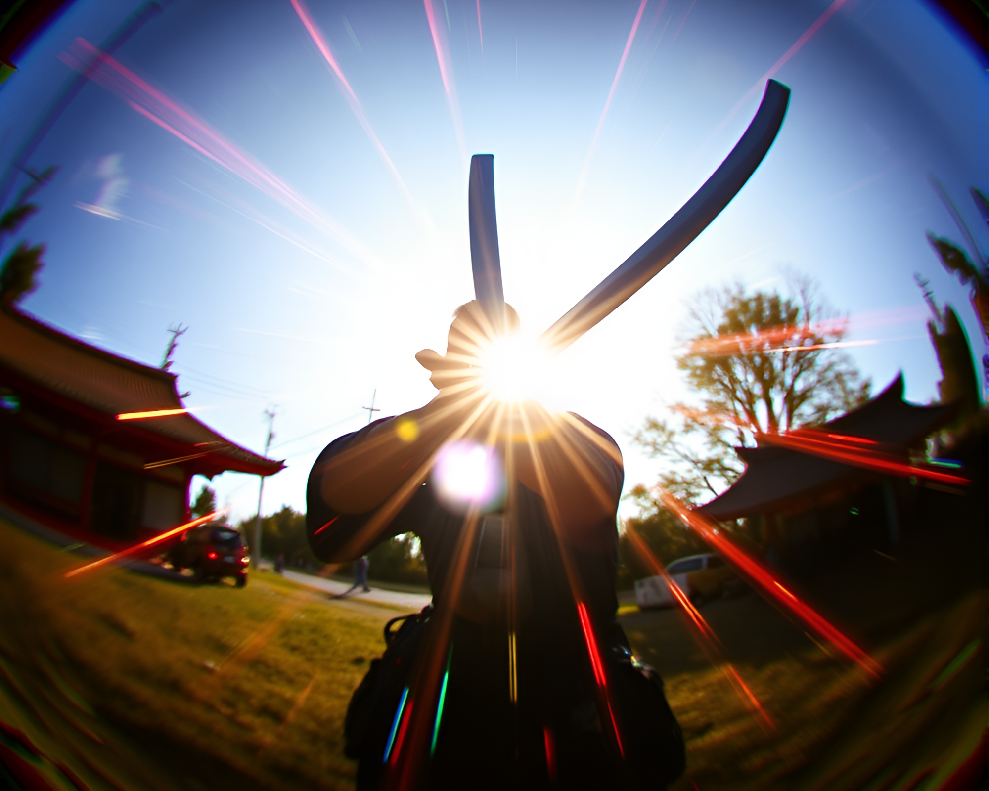 Samurai Warrior in Solar Flare Fisheye View – free AI stock image