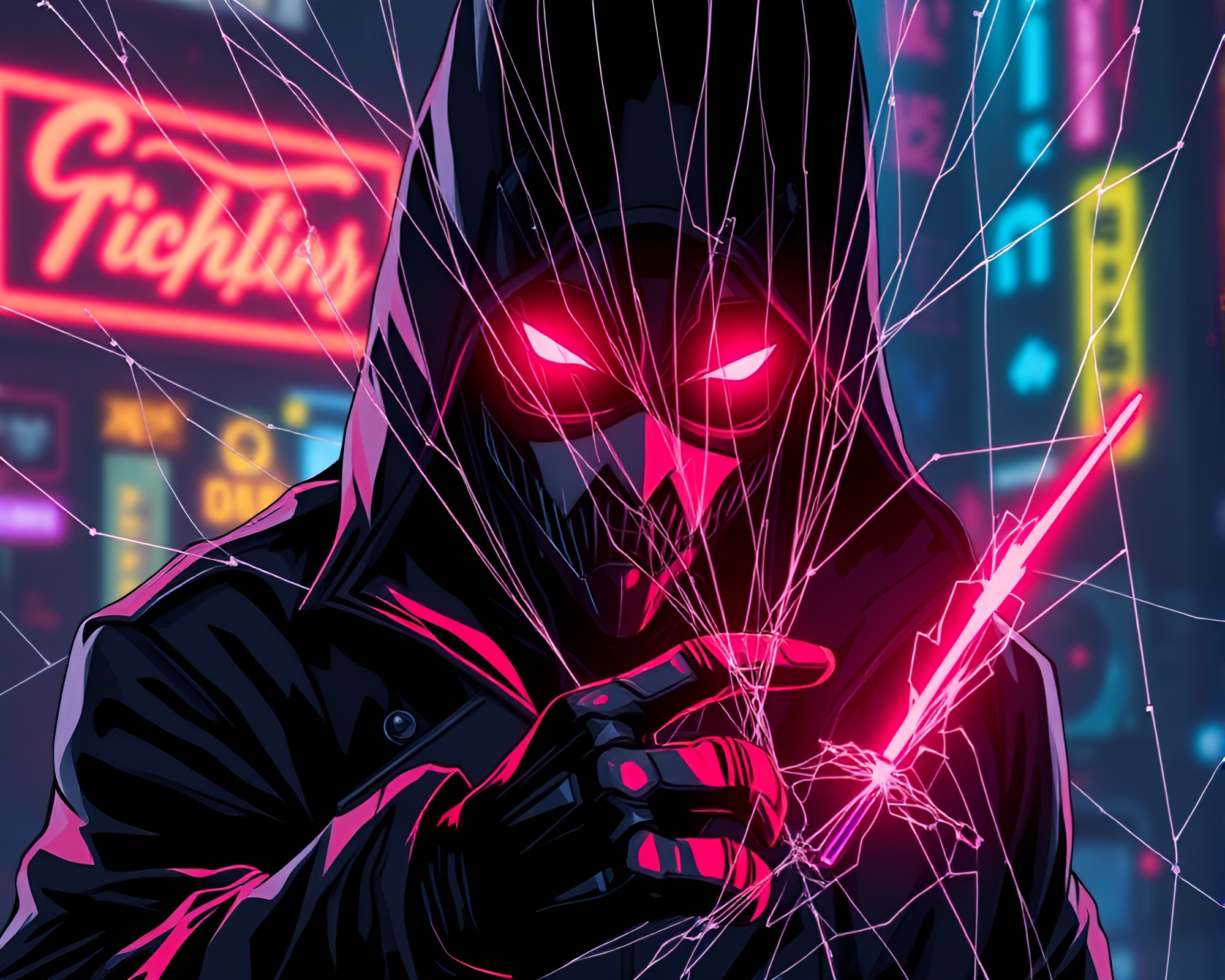 Neon Cyberpunk Vigilante Surrounded by Cobweb Strands – free AI stock image
