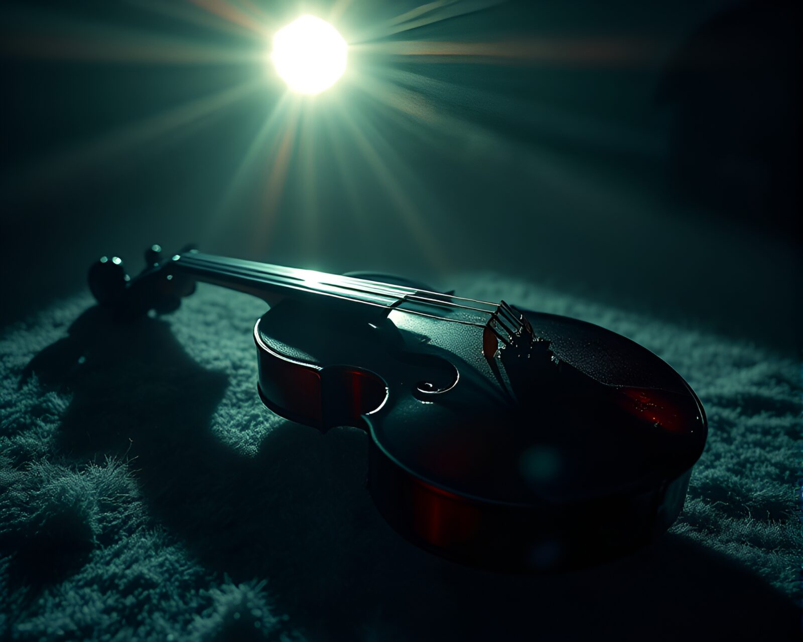A glowing wooden violin surrounded by light flares and haze