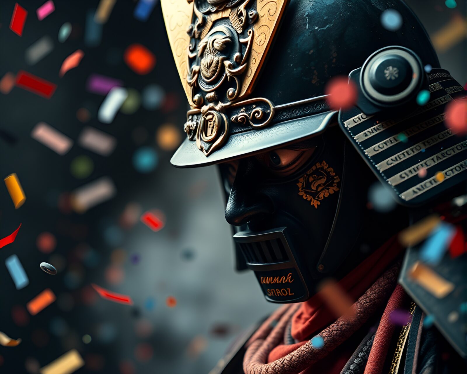Extreme close-up of colorful fluid bursting Samurai helmet