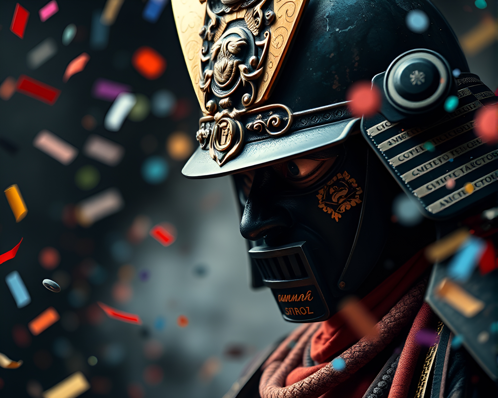 Samurai Helmet in Vibrant Confetti Fluid – free AI stock image