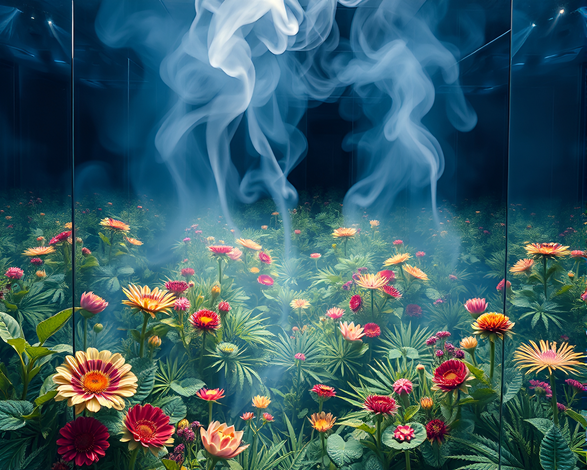 Botanical Steam Vapor in Steel-Blue Mirror Maze – free AI stock image