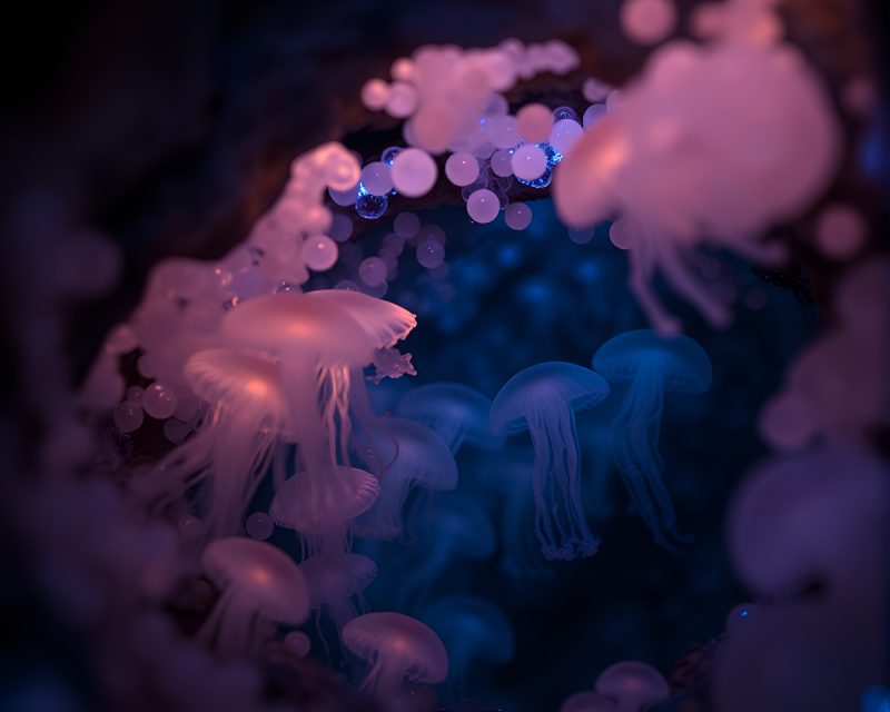 Glowing Jellyfish Cluster in Miniature Cave Entrance – free AI stock image