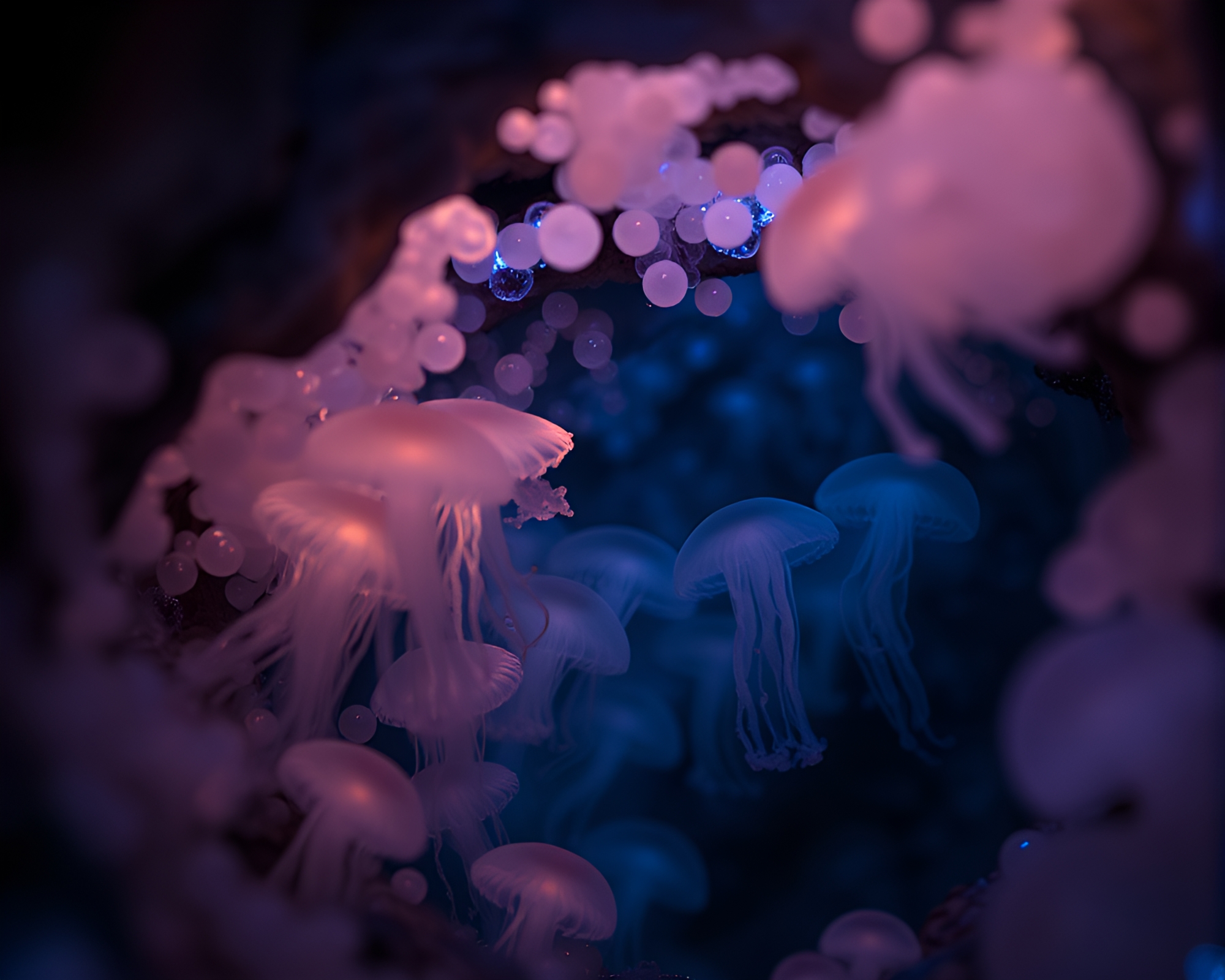 Glowing Jellyfish Cluster in Miniature Cave Entrance – free AI stock image