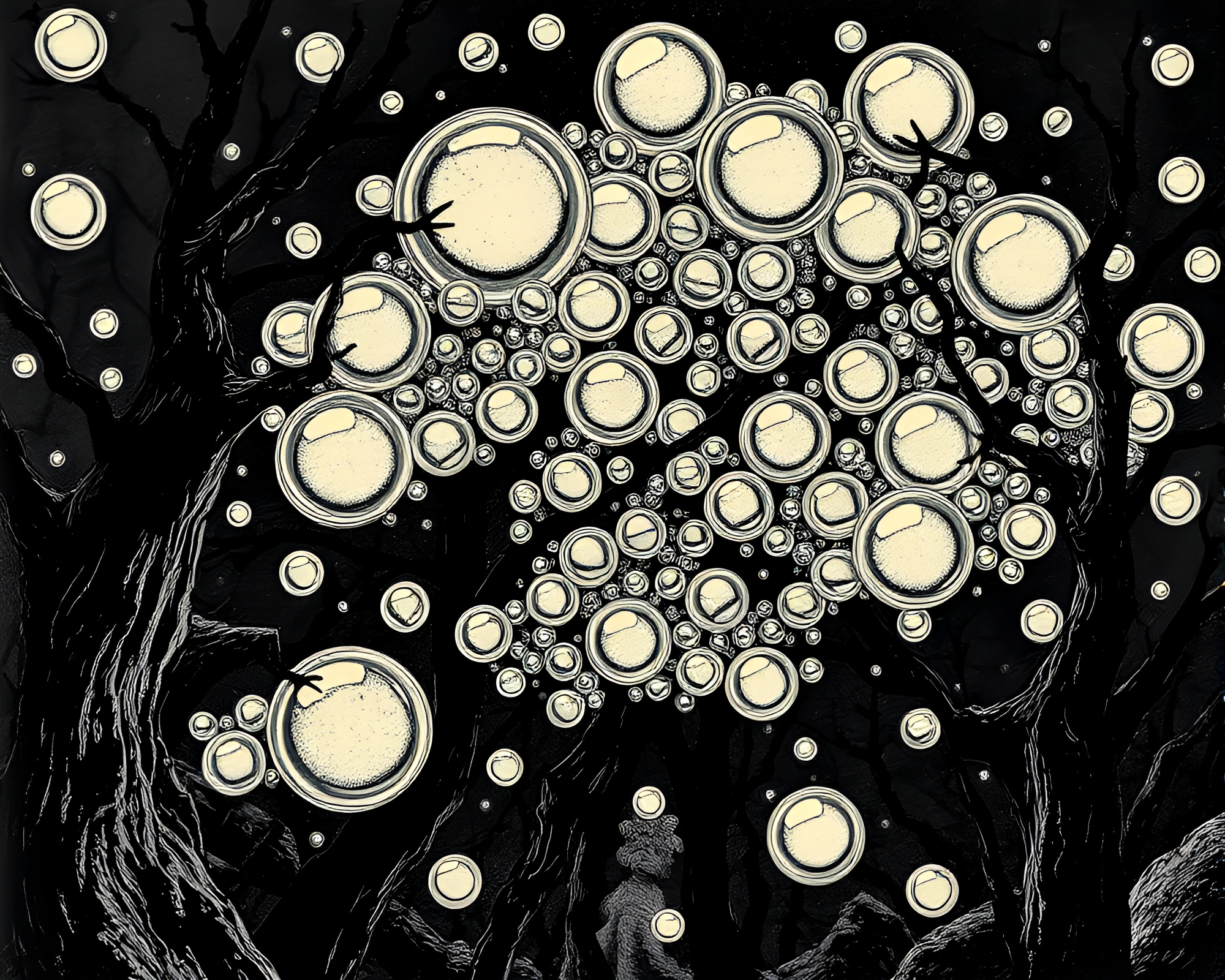 Dark Gothic Bubble Clusters Woodcut Print – free AI stock image