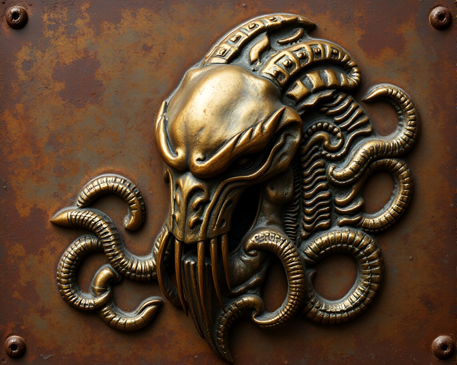 Intricate bronze sculpture of a Leviathan with rusted patina
