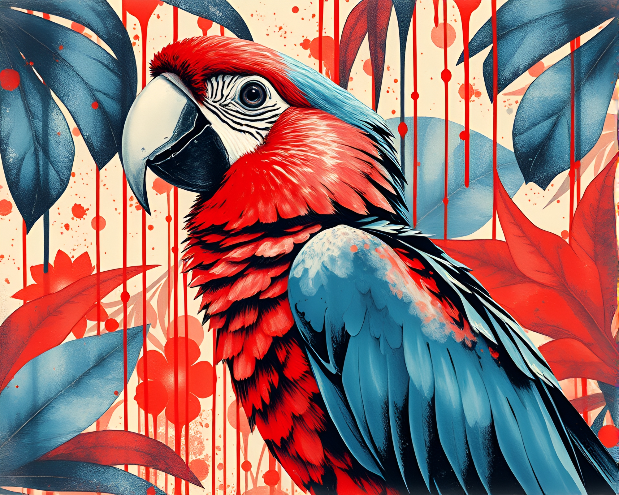 Tropical Parrot Ink Wash Drips Dadaist Collage – free AI stock image