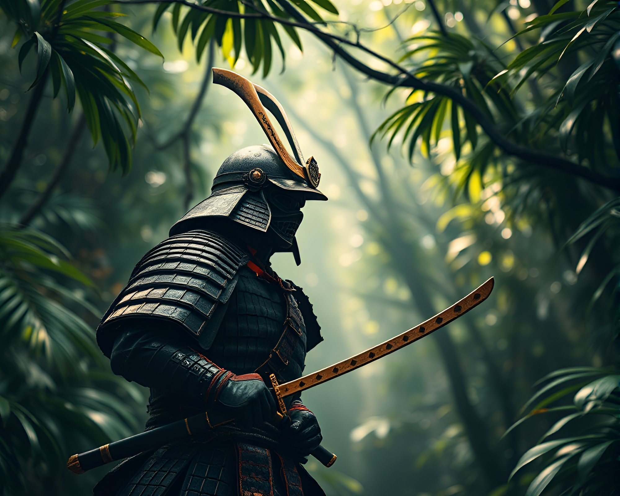Spectral Samurai in Jungle Splatter Art – free AI stock image