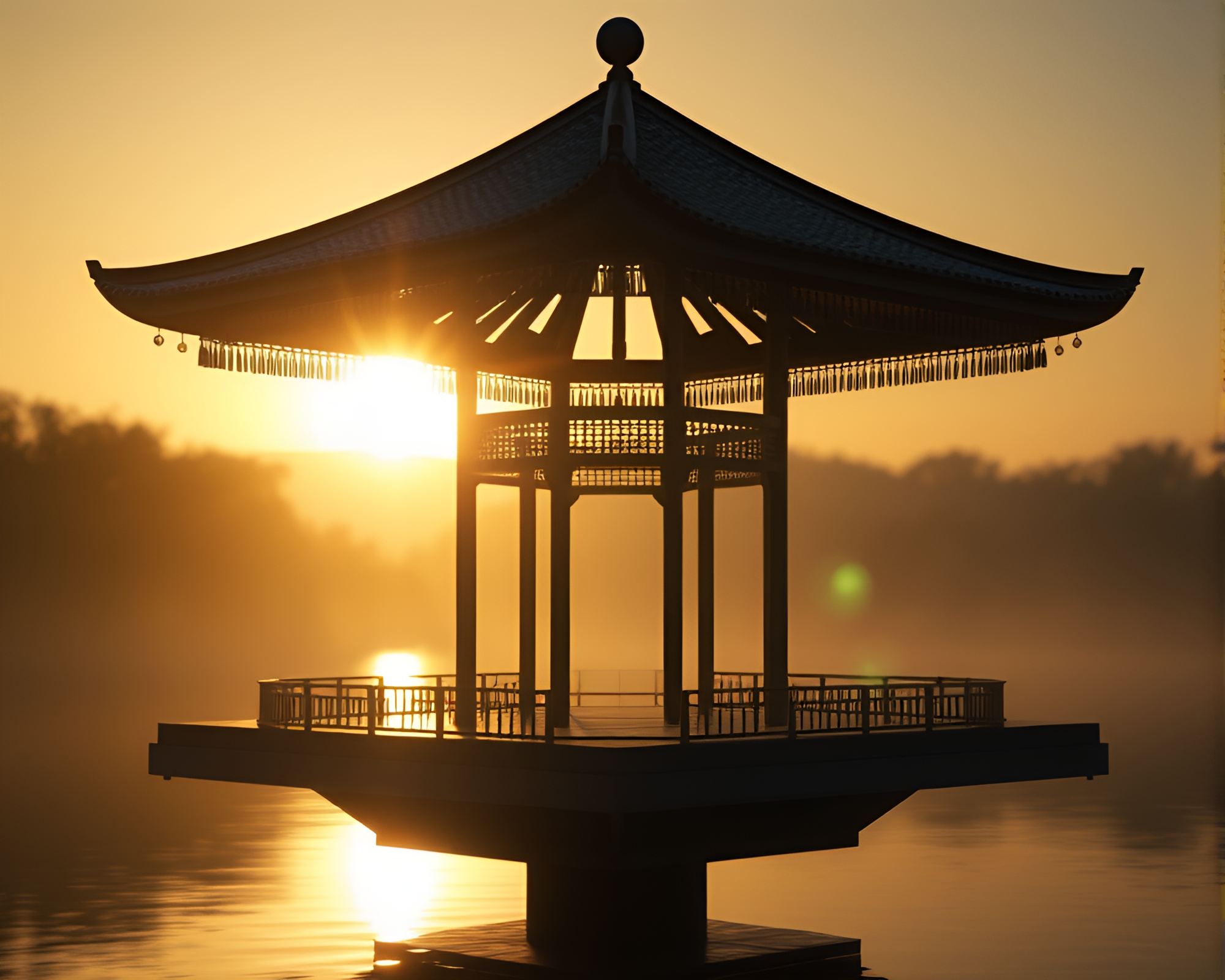Floating Pavilion: Backlit Silhouette CGI Render Concept – free AI stock image