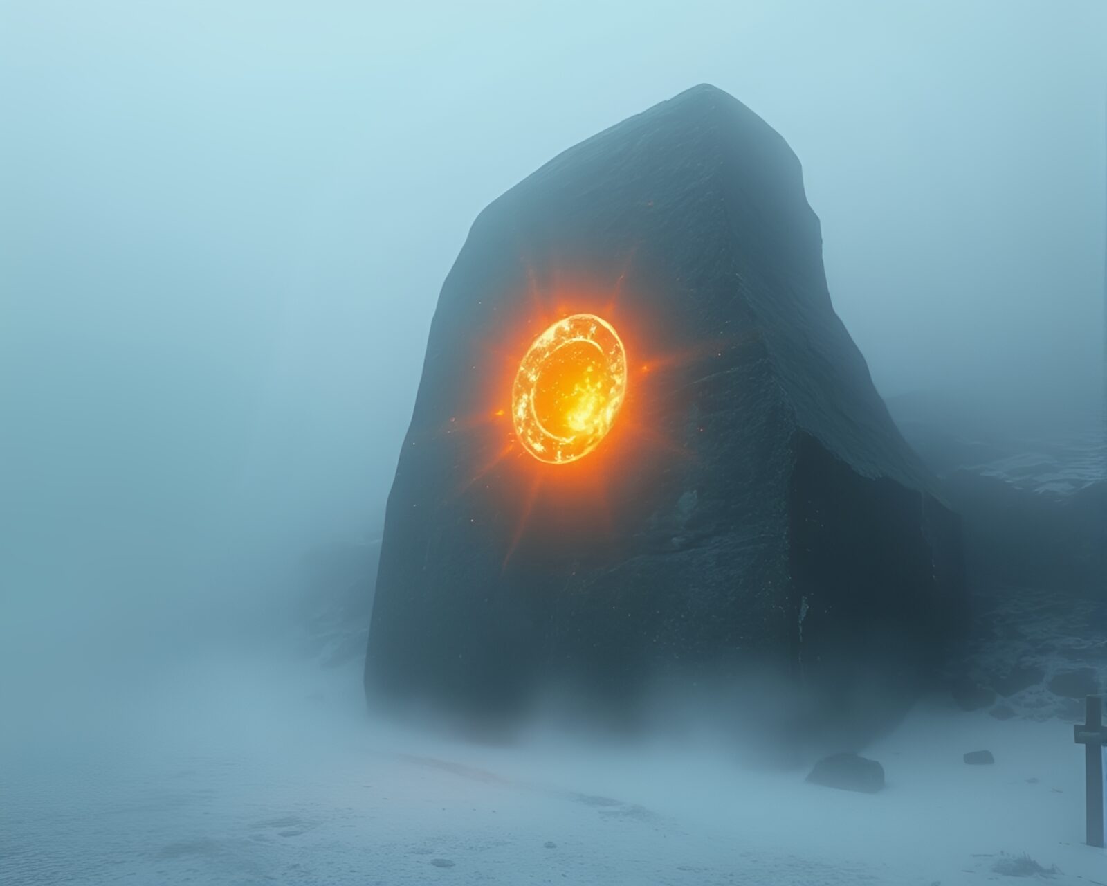 Mystical stone glowing amidst fog and splattered paint