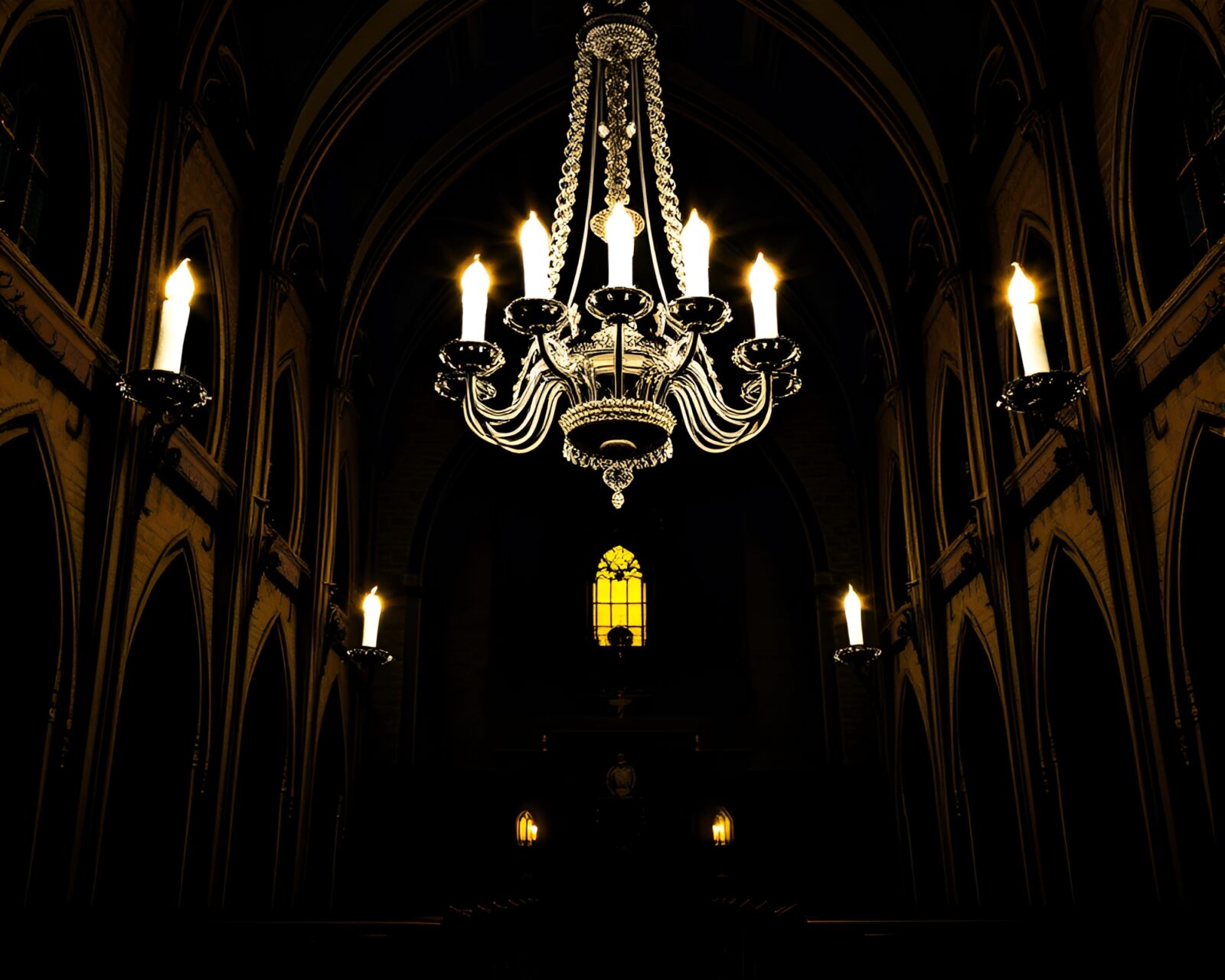 Halftone grid pattern surrounds intricate chandelier in church setting, lit by candlelight