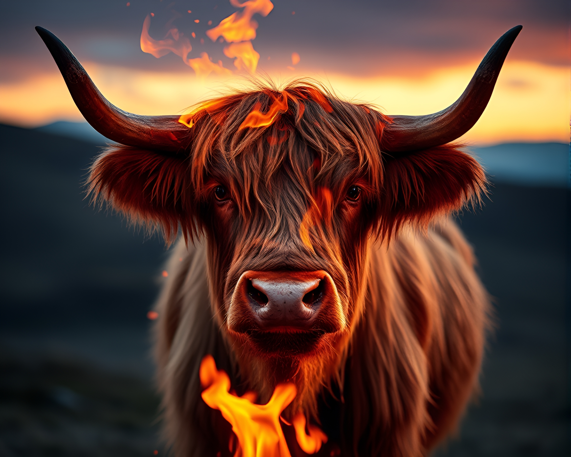 Distorted glass Highland cow by bonfire light – free AI stock image
