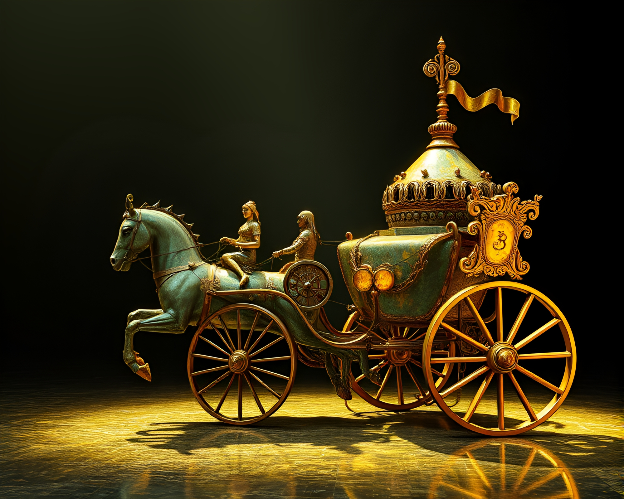 Copper Verdigris Chariot Racing in Mustard Yellow Hues – free AI stock image