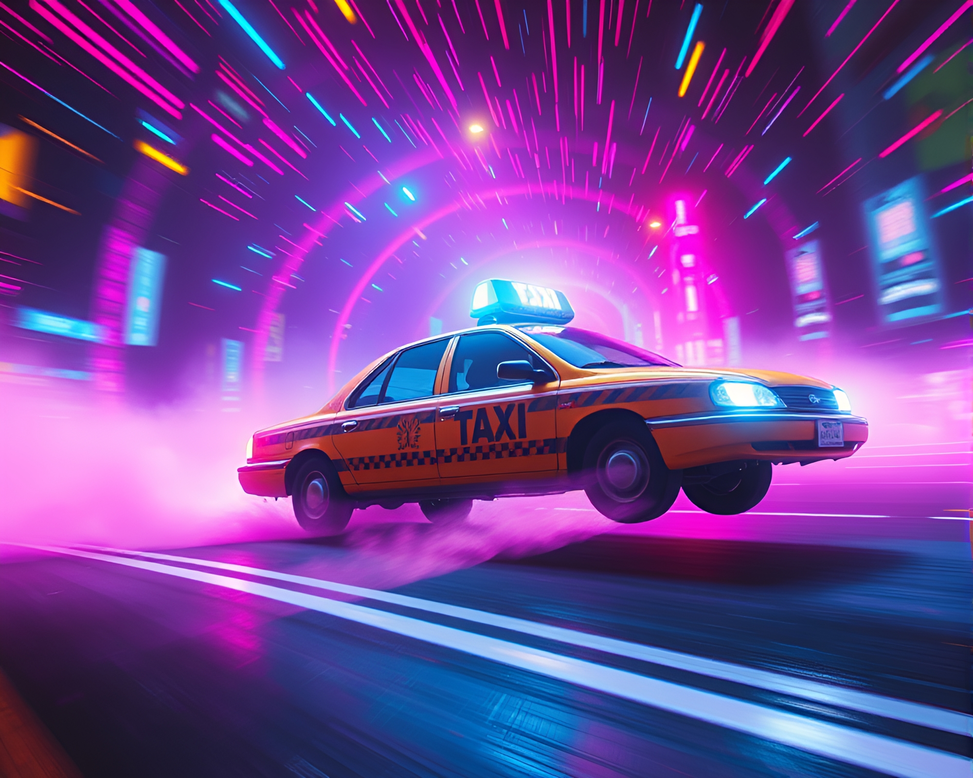 Futuristic Hover Taxi in Vaporwave Vortex Twist – free AI stock image