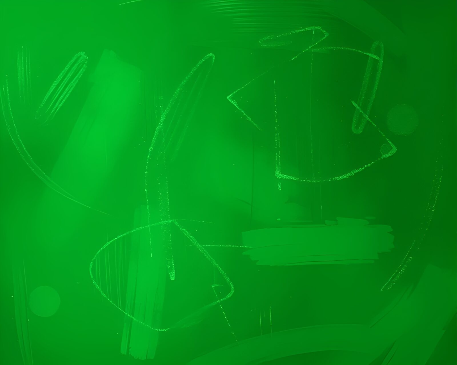Anime girl in holographic display surrounded by green chalkboard smudges