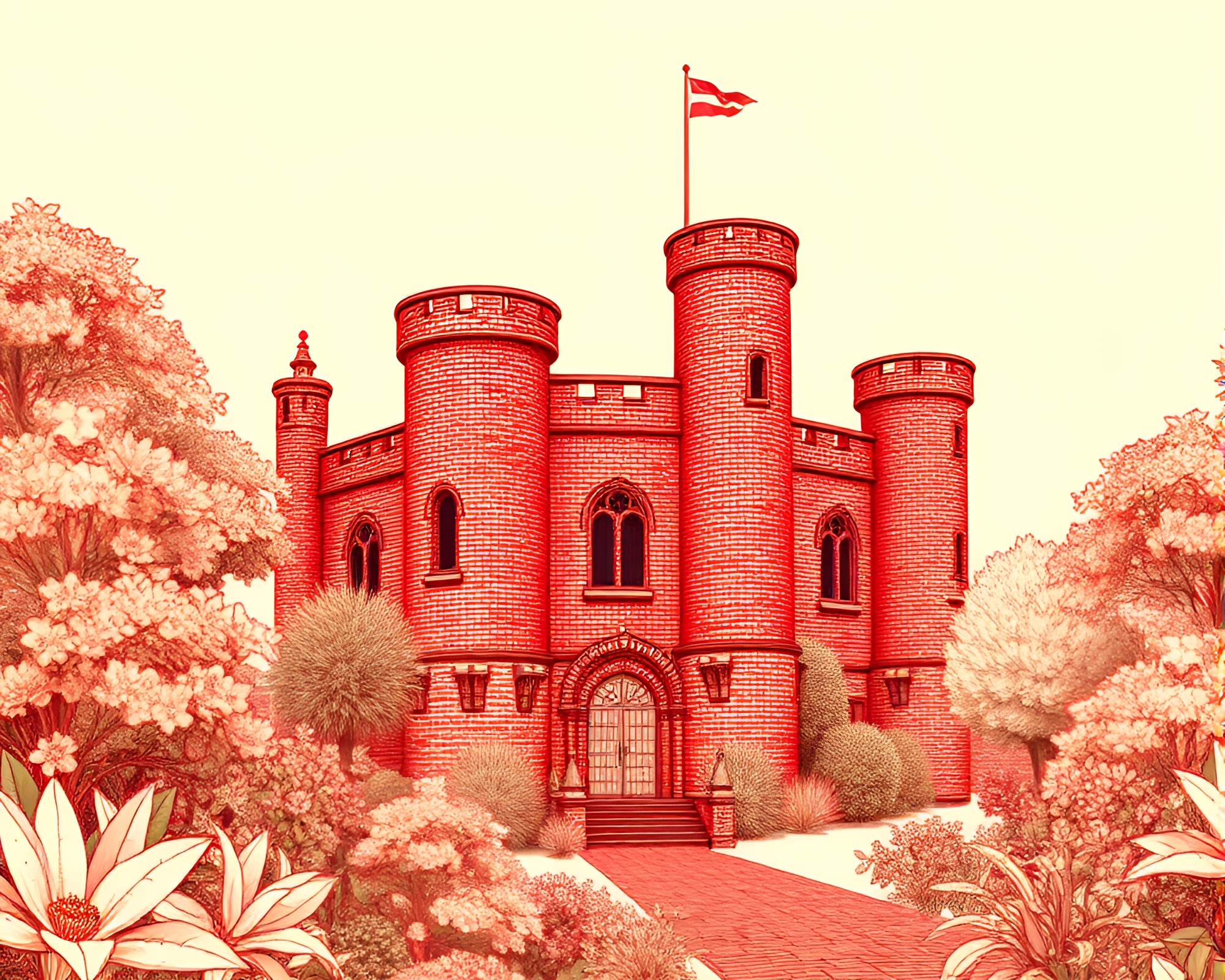 Enchanted Castle Ruins Botanical Illustration – free AI stock image