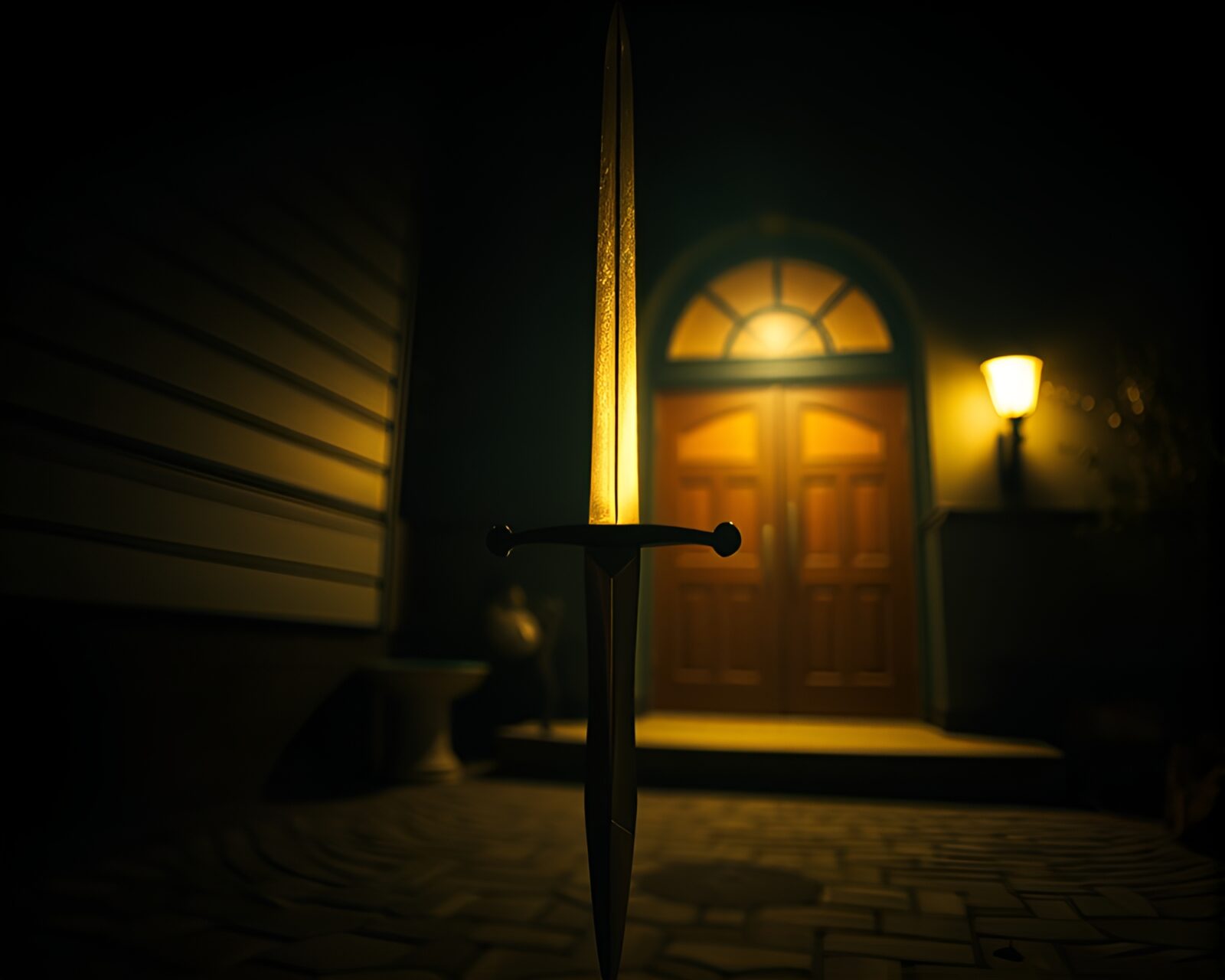 Mysterious figure wielding sword in atmospheric porchlight setting